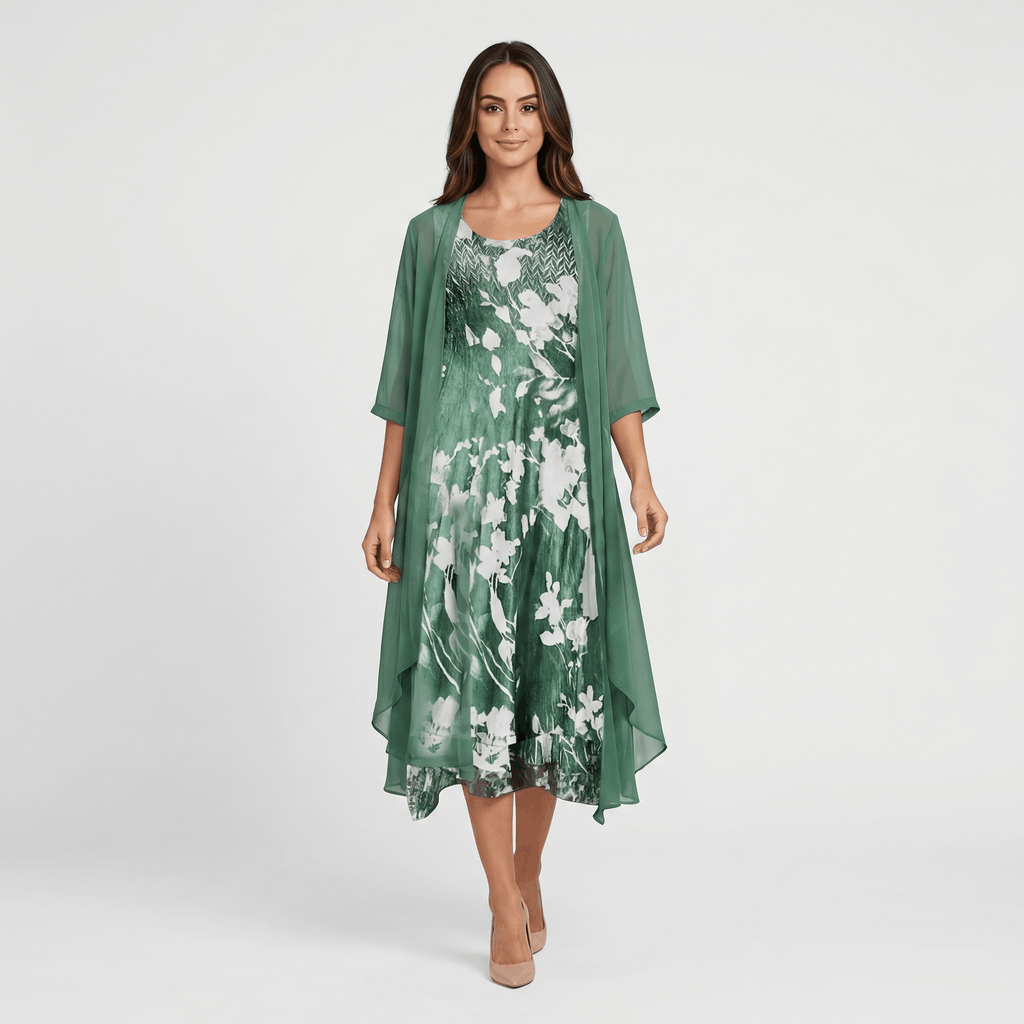 Aria Floral Print Midi Dress Set – Sheer Chiffon Asymmetrical Hem Quarter-Sleeve Cardigan