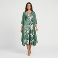 Aria Floral Print Midi Dress Set – Sheer Chiffon Asymmetrical Hem Quarter-Sleeve Cardigan