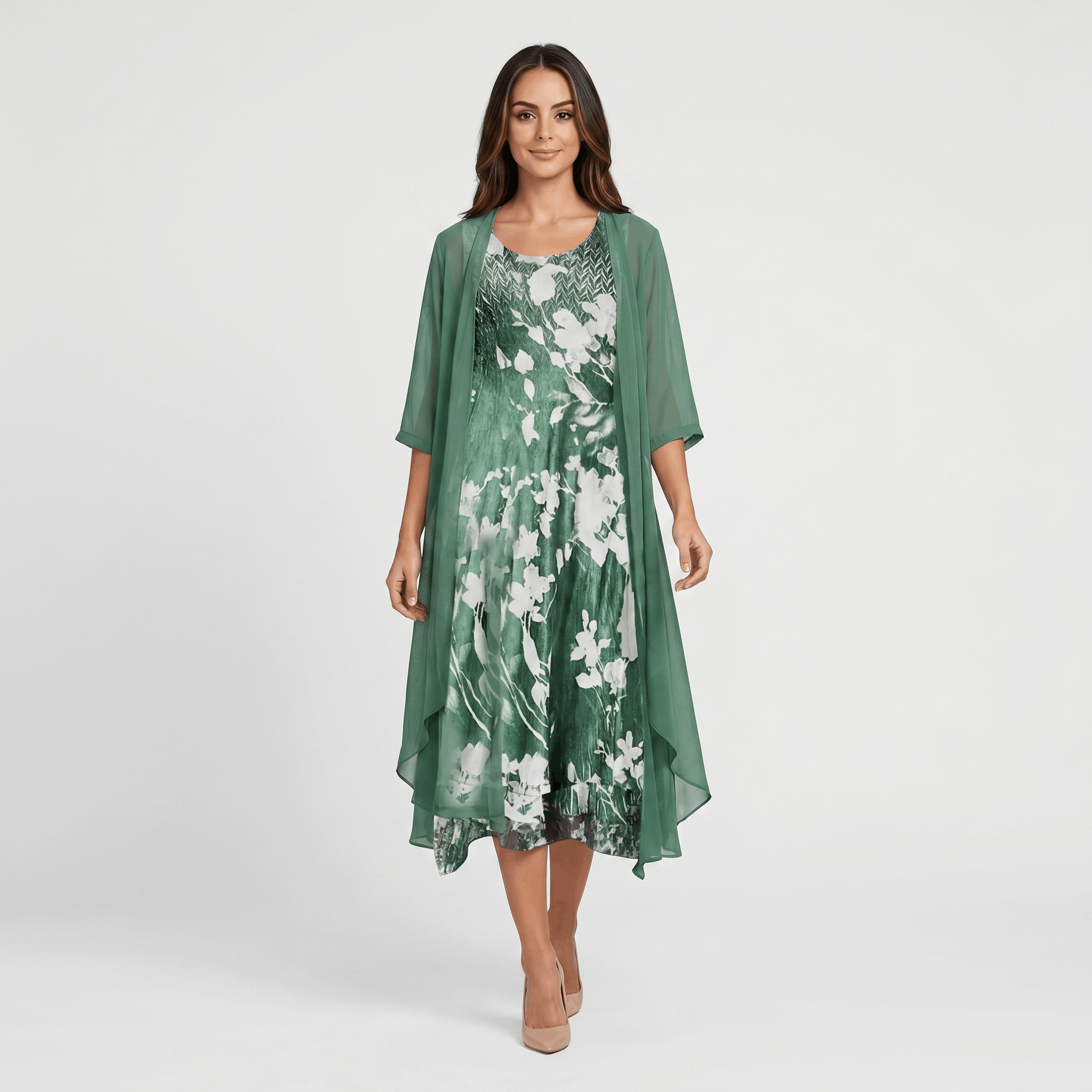 Aria Floral Print Midi Dress Set – Sheer Chiffon Asymmetrical Hem Quarter-Sleeve Cardigan