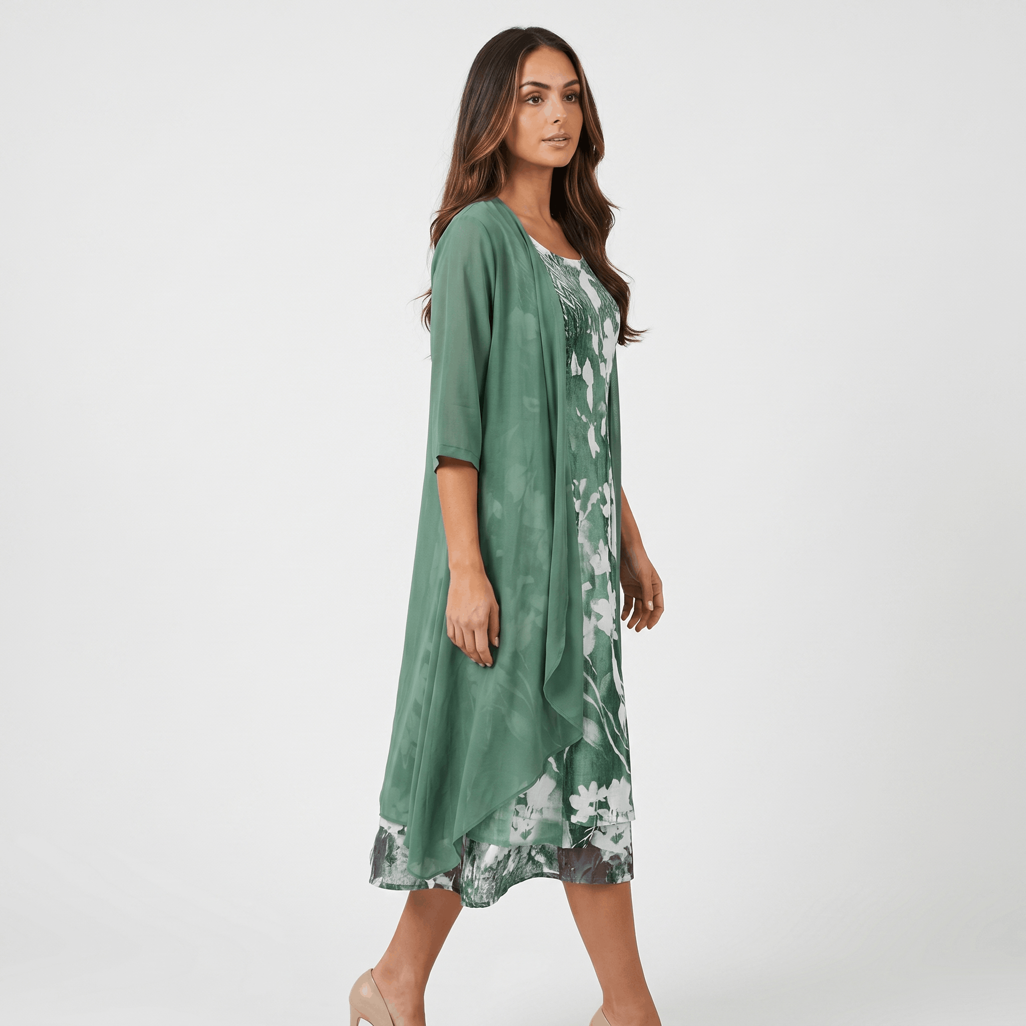 Aria Floral Print Midi Dress Set – Sheer Chiffon Asymmetrical Hem Quarter-Sleeve Cardigan