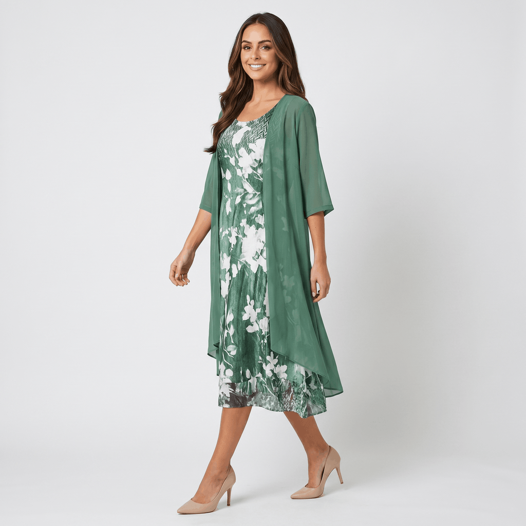 Aria Floral Print Midi Dress Set – Sheer Chiffon Asymmetrical Hem Quarter-Sleeve Cardigan