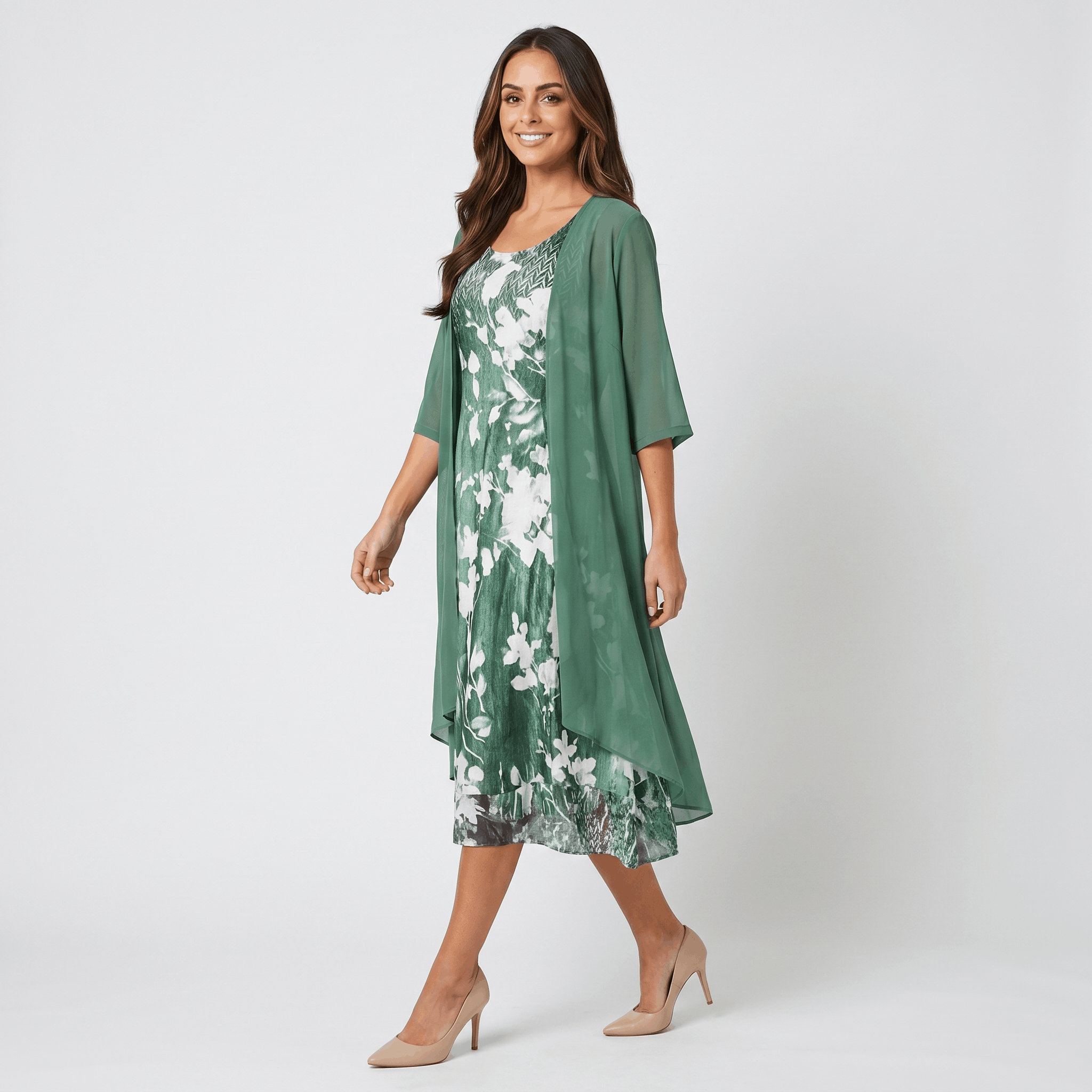 Aria Floral Print Midi Dress Set – Sheer Chiffon Asymmetrical Hem Quarter-Sleeve Cardigan