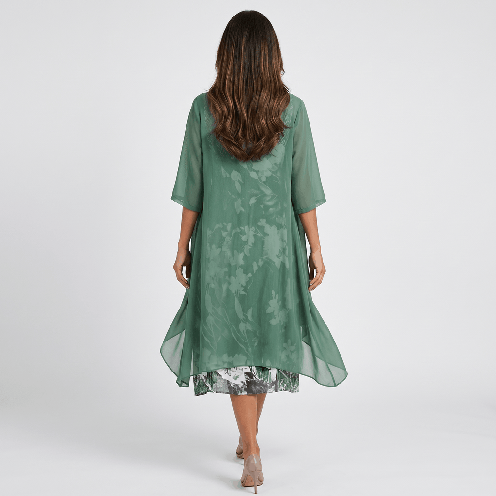 Aria Floral Print Midi Dress Set – Sheer Chiffon Asymmetrical Hem Quarter-Sleeve Cardigan