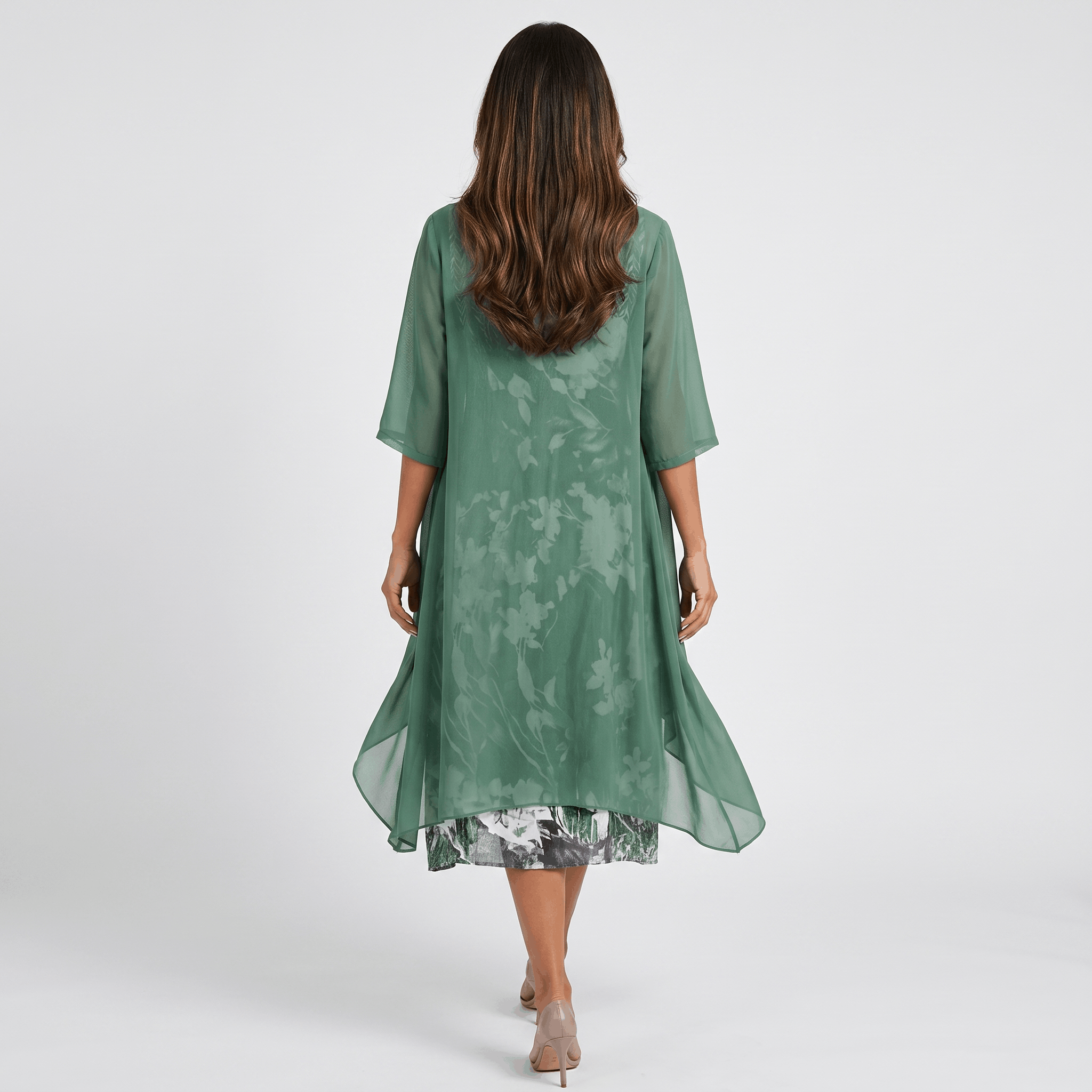 Aria Floral Print Midi Dress Set – Sheer Chiffon Asymmetrical Hem Quarter-Sleeve Cardigan