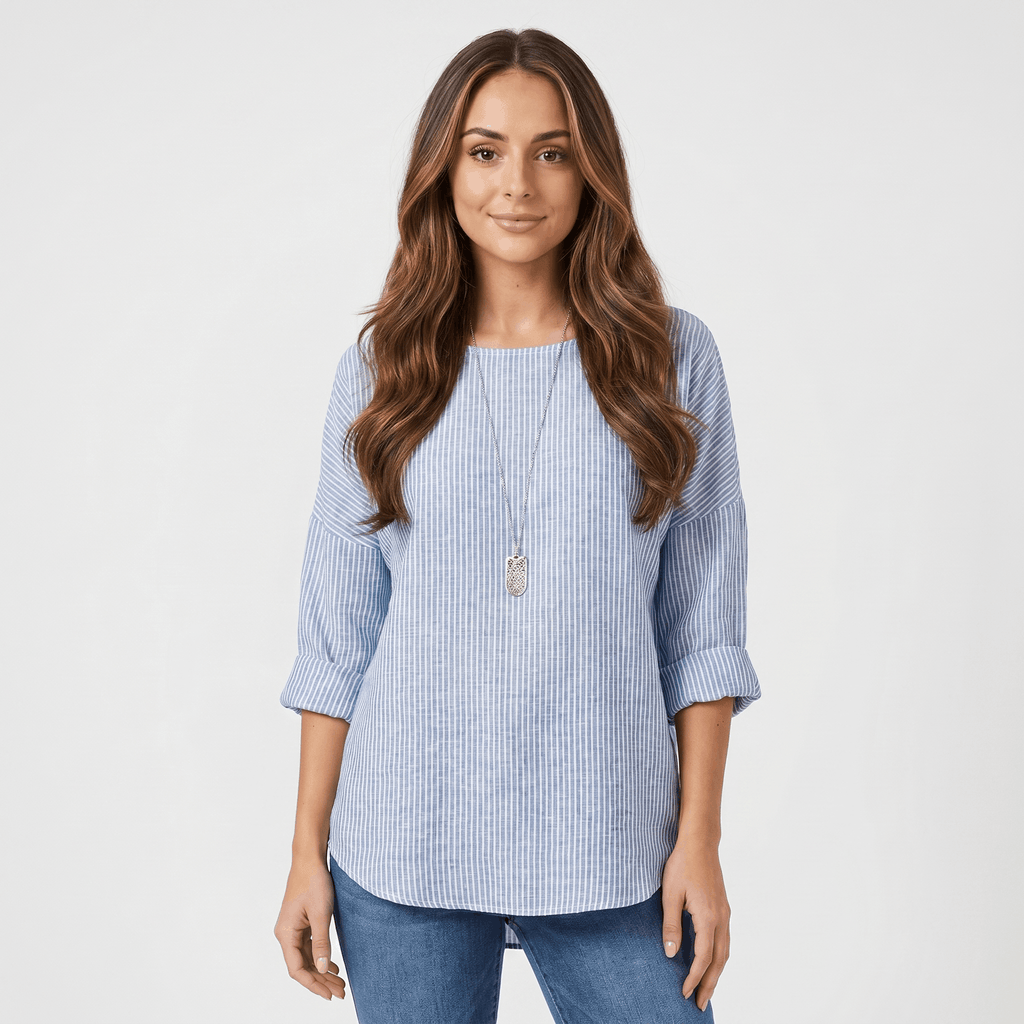 Linda Cotton Linen Blend Striped Blouse – Crew Neck Long Sleeve Relaxed Breathable Casual Top