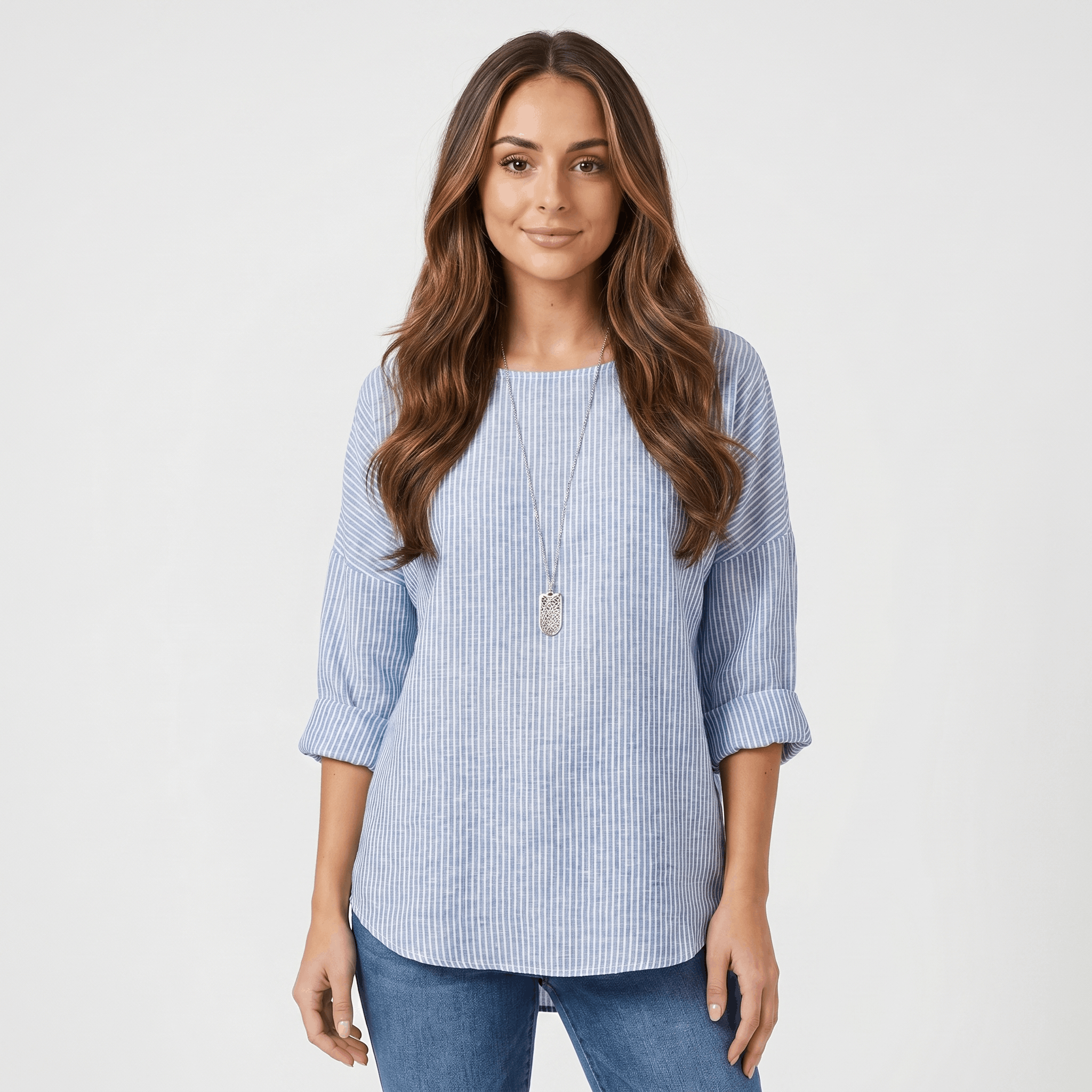 Linda Cotton Linen Blend Striped Blouse – Crew Neck Long Sleeve Relaxed Breathable Casual Top