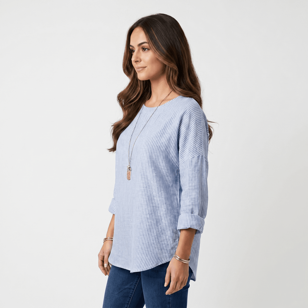 Linda Cotton Linen Blend Striped Blouse – Crew Neck Long Sleeve Relaxed Breathable Casual Top
