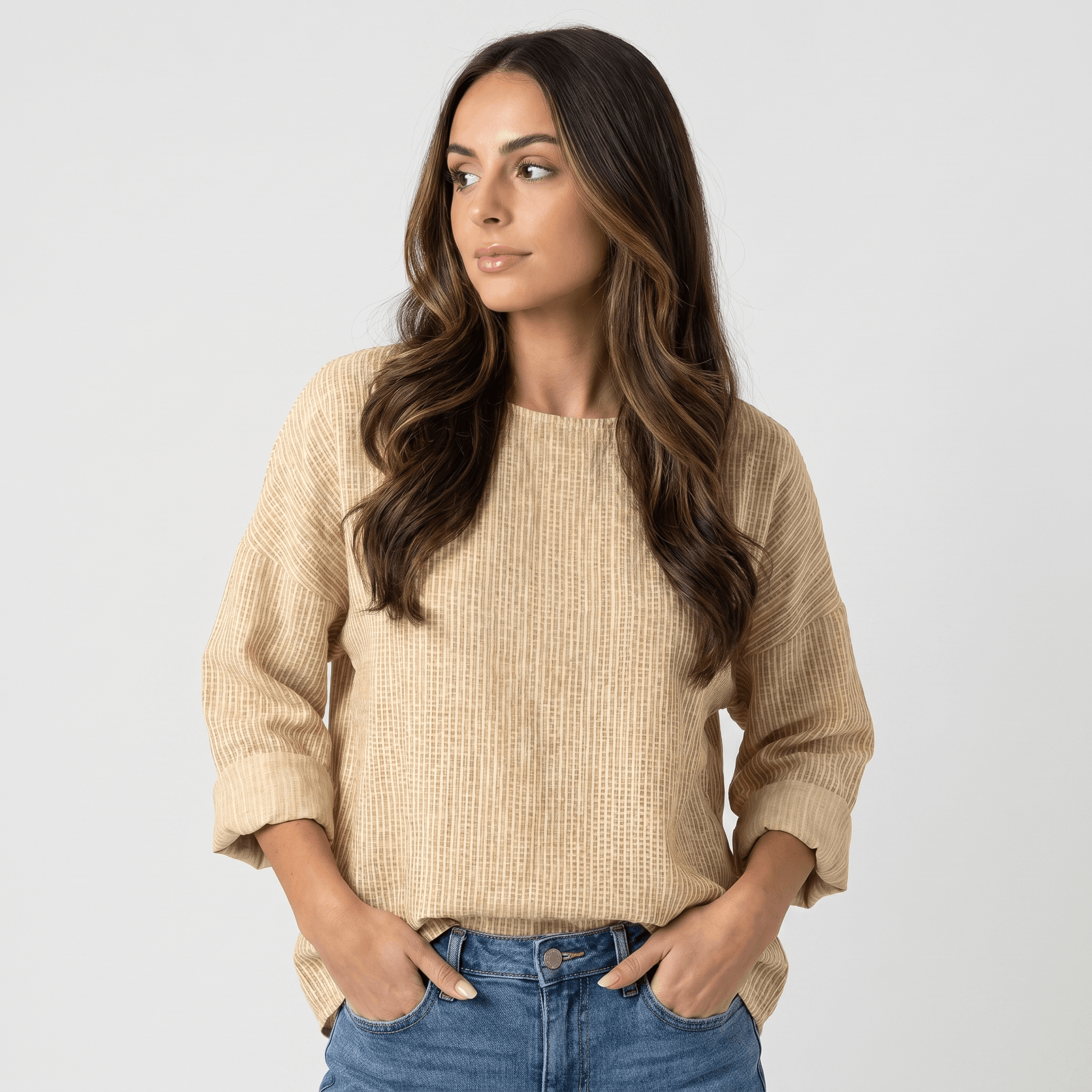 Linda Cotton Linen Blend Striped Blouse – Crew Neck Long Sleeve Relaxed Breathable Casual Top