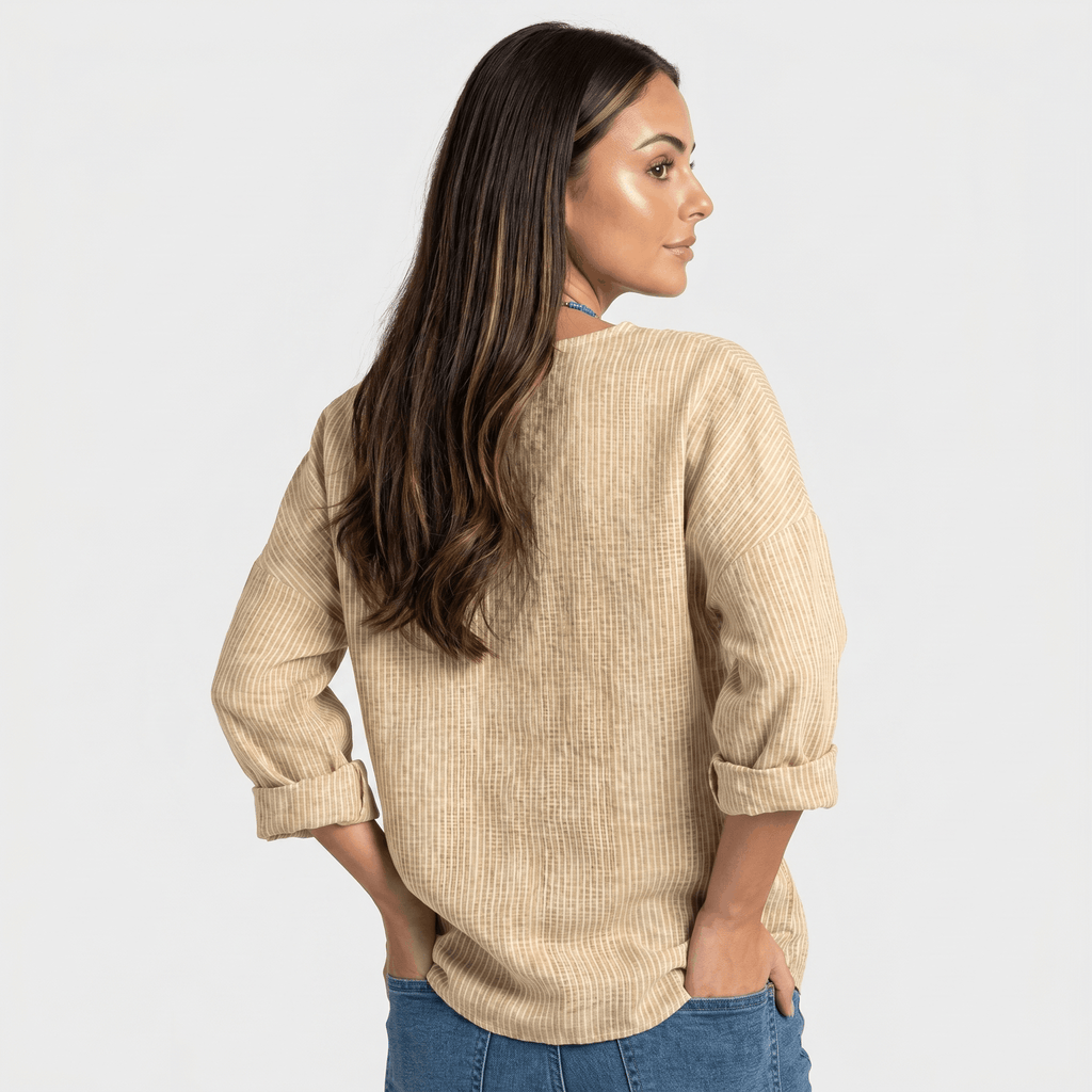Linda Cotton Linen Blend Striped Blouse – Crew Neck Long Sleeve Relaxed Breathable Casual Top
