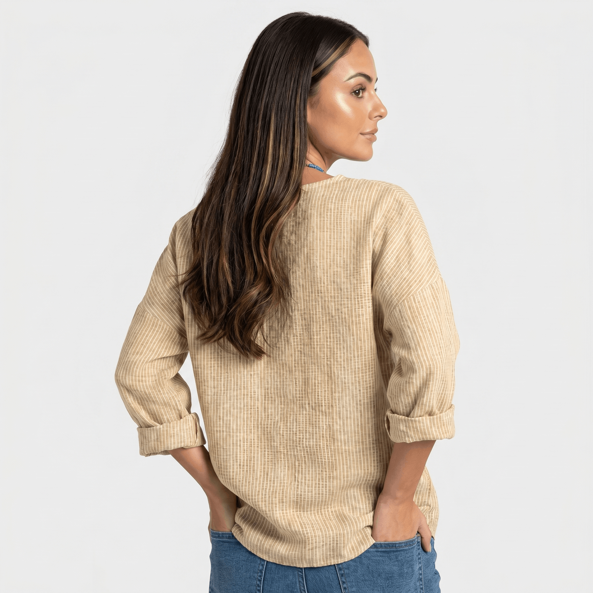 Linda Cotton Linen Blend Striped Blouse – Crew Neck Long Sleeve Relaxed Breathable Casual Top