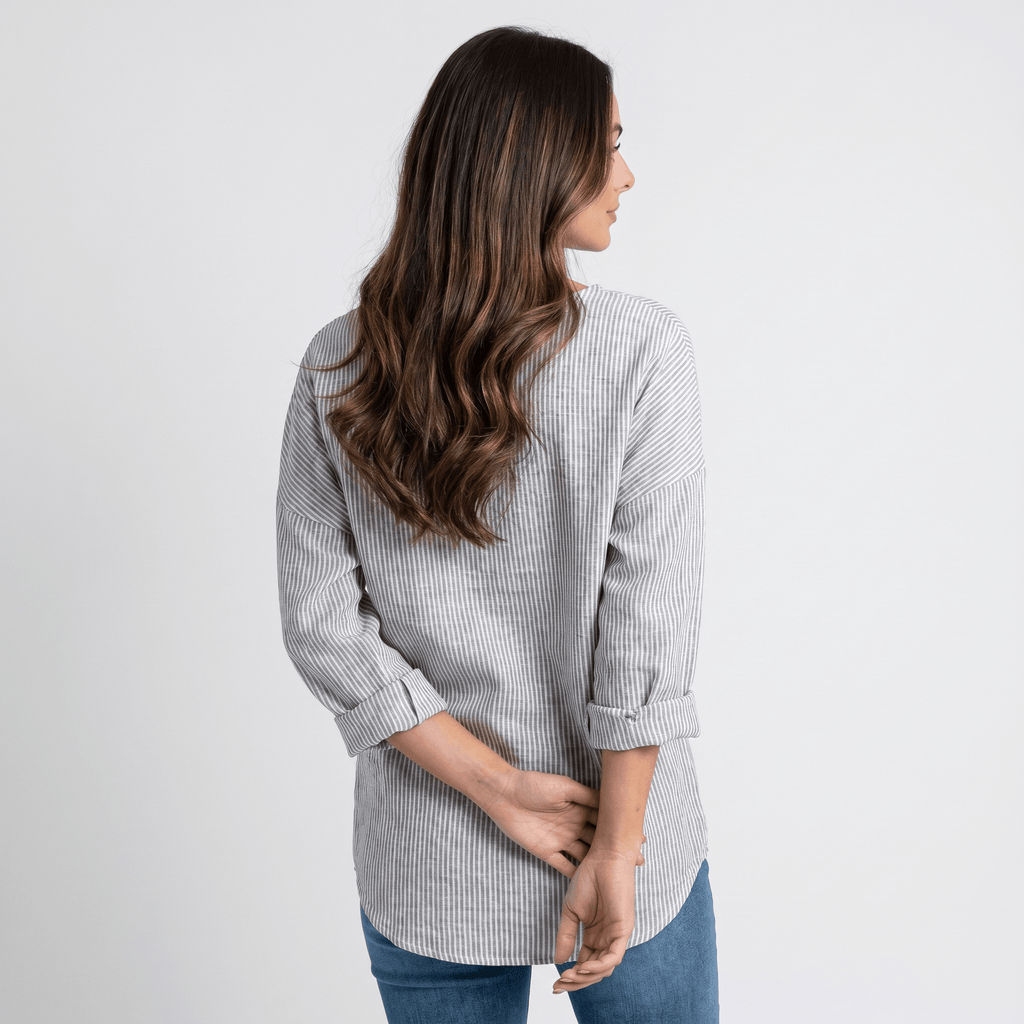 Linda Cotton Linen Blend Striped Blouse – Crew Neck Long Sleeve Relaxed Breathable Casual Top
