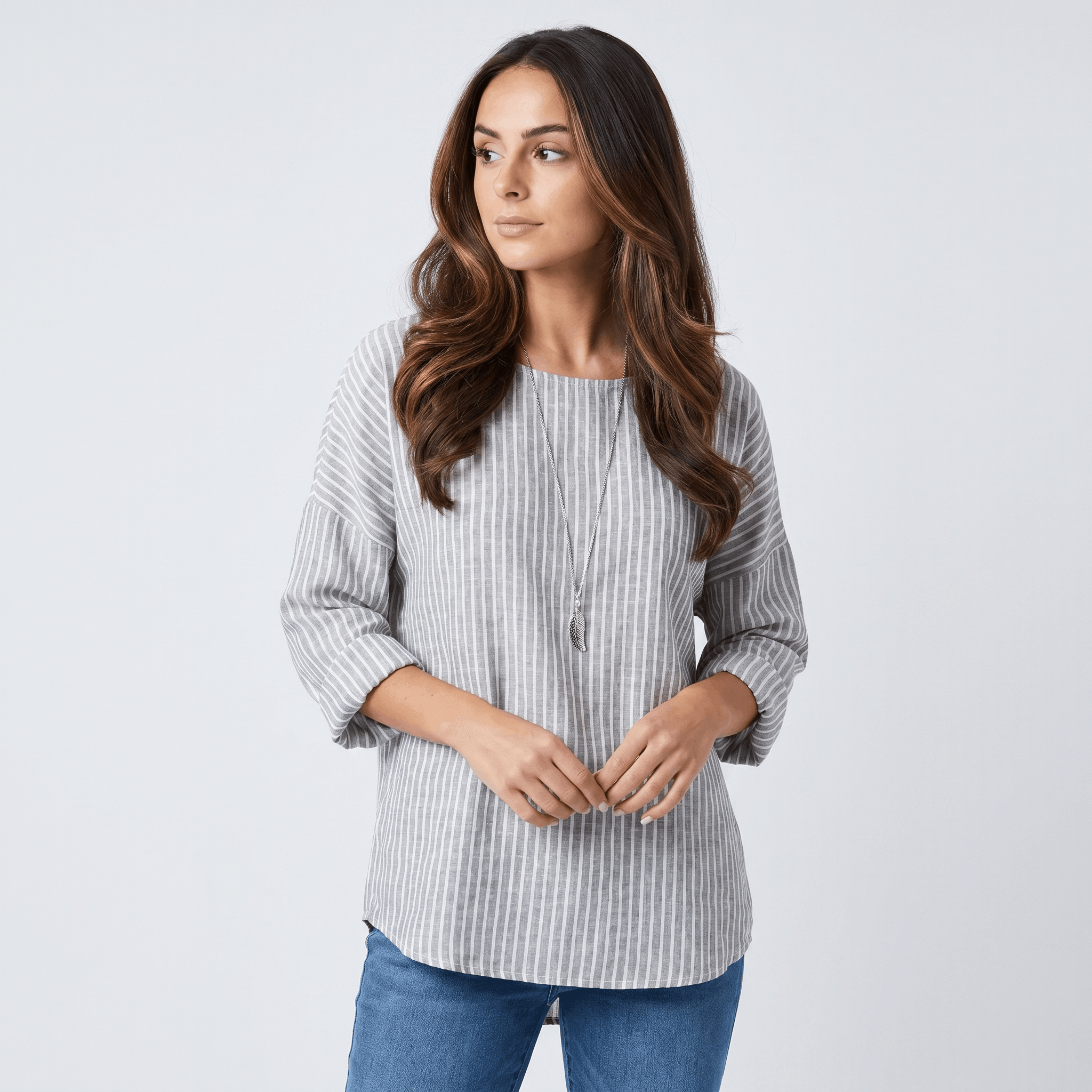 Linda Cotton Linen Blend Striped Blouse – Crew Neck Long Sleeve Relaxed Breathable Casual Top