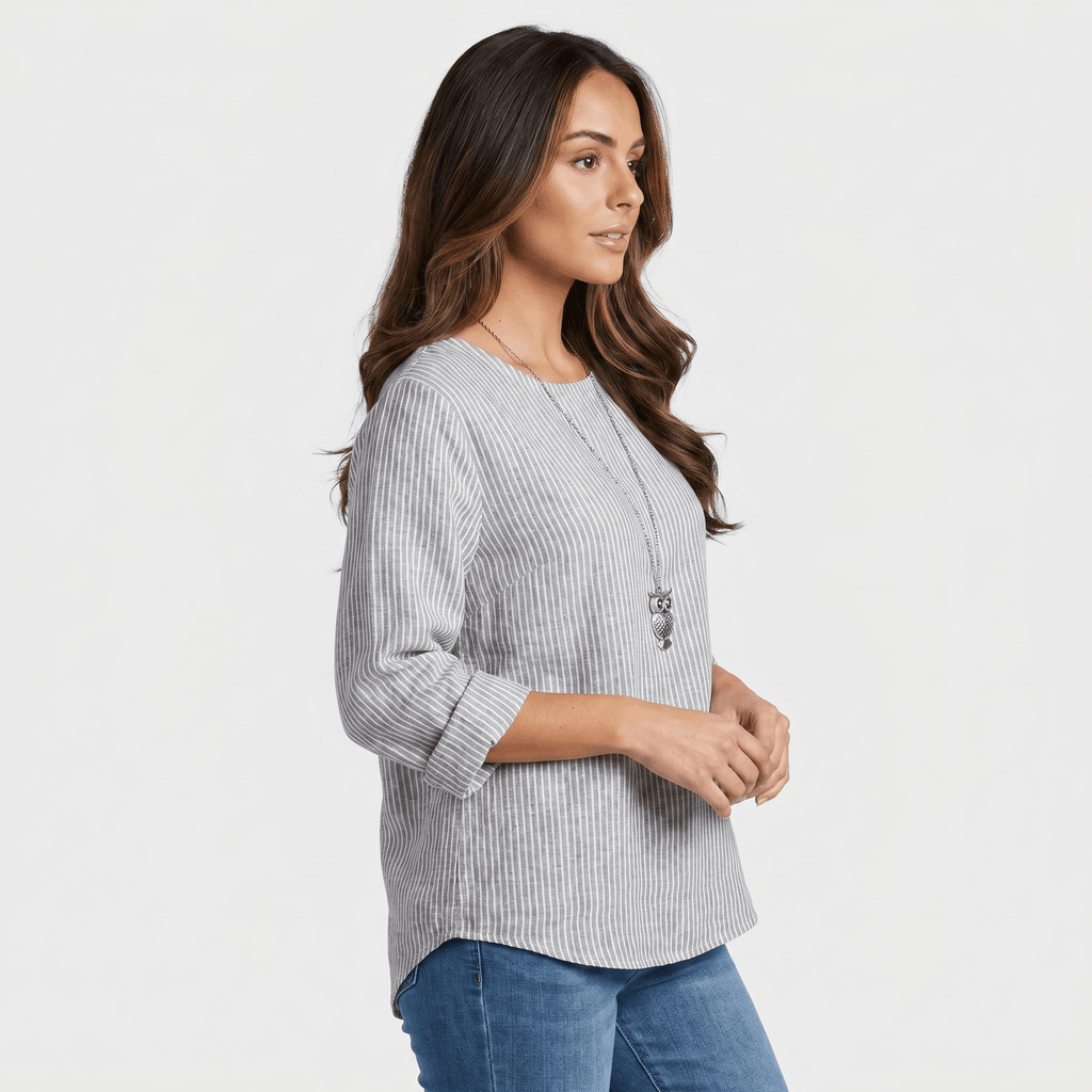 Linda Cotton Linen Blend Striped Blouse – Crew Neck Long Sleeve Relaxed Breathable Casual Top
