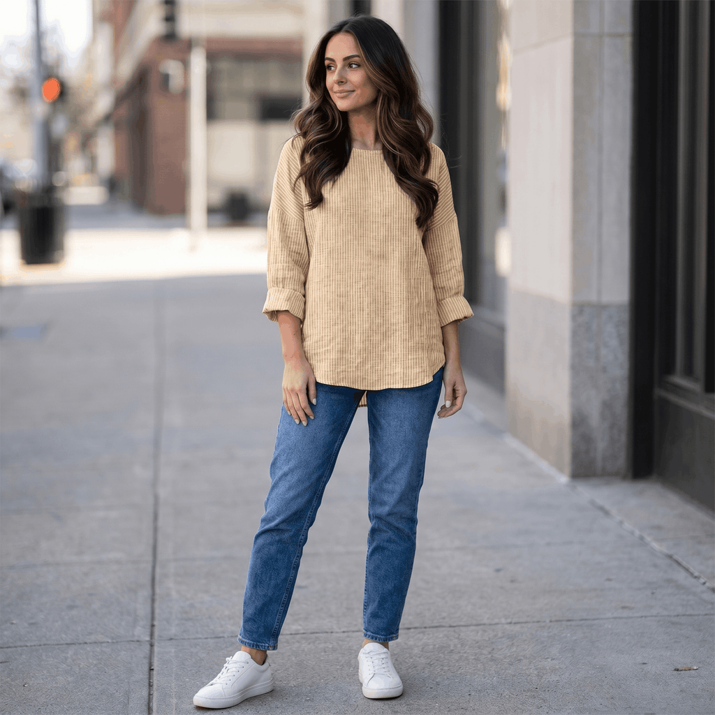 Linda Cotton Linen Blend Striped Blouse – Crew Neck Long Sleeve Relaxed Breathable Casual Top