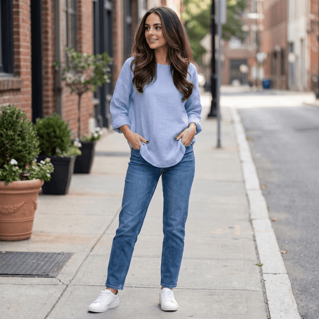 Linda Cotton Linen Blend Striped Blouse – Crew Neck Long Sleeve Relaxed Breathable Casual Top