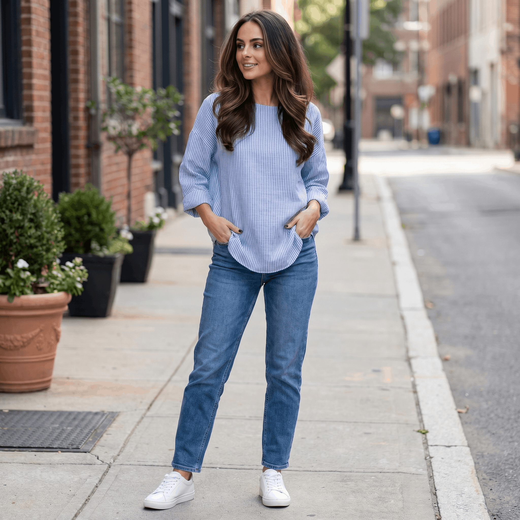 Linda Cotton Linen Blend Striped Blouse – Crew Neck Long Sleeve Relaxed Breathable Casual Top