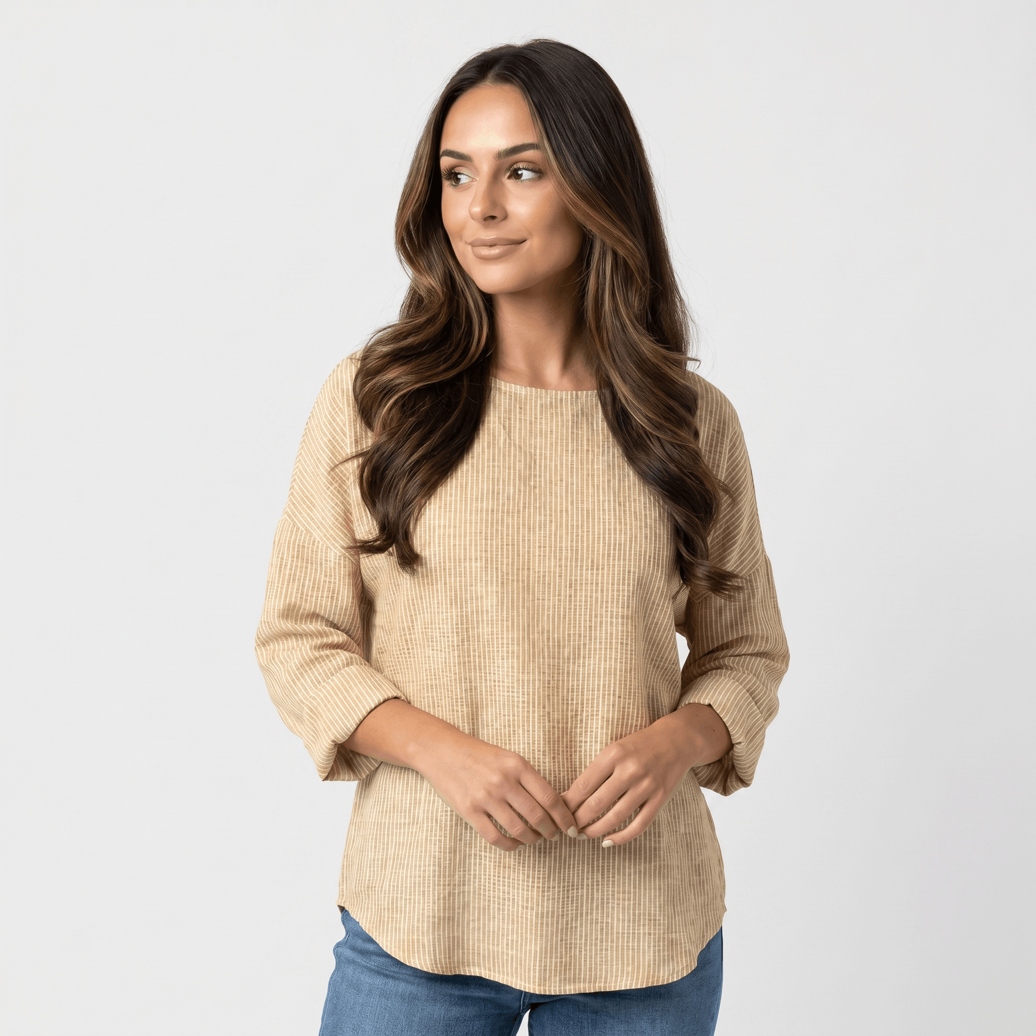 Linda Cotton Linen Blend Striped Blouse – Crew Neck Long Sleeve Relaxed Breathable Casual Top