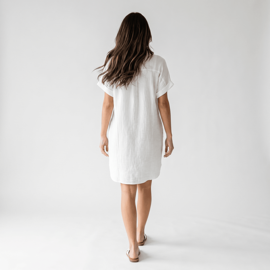 Merlyn Crinkled Cotton Linen Shirt Dress – Button Front Point Collar Short Sleeve Casual Summer Outfit
