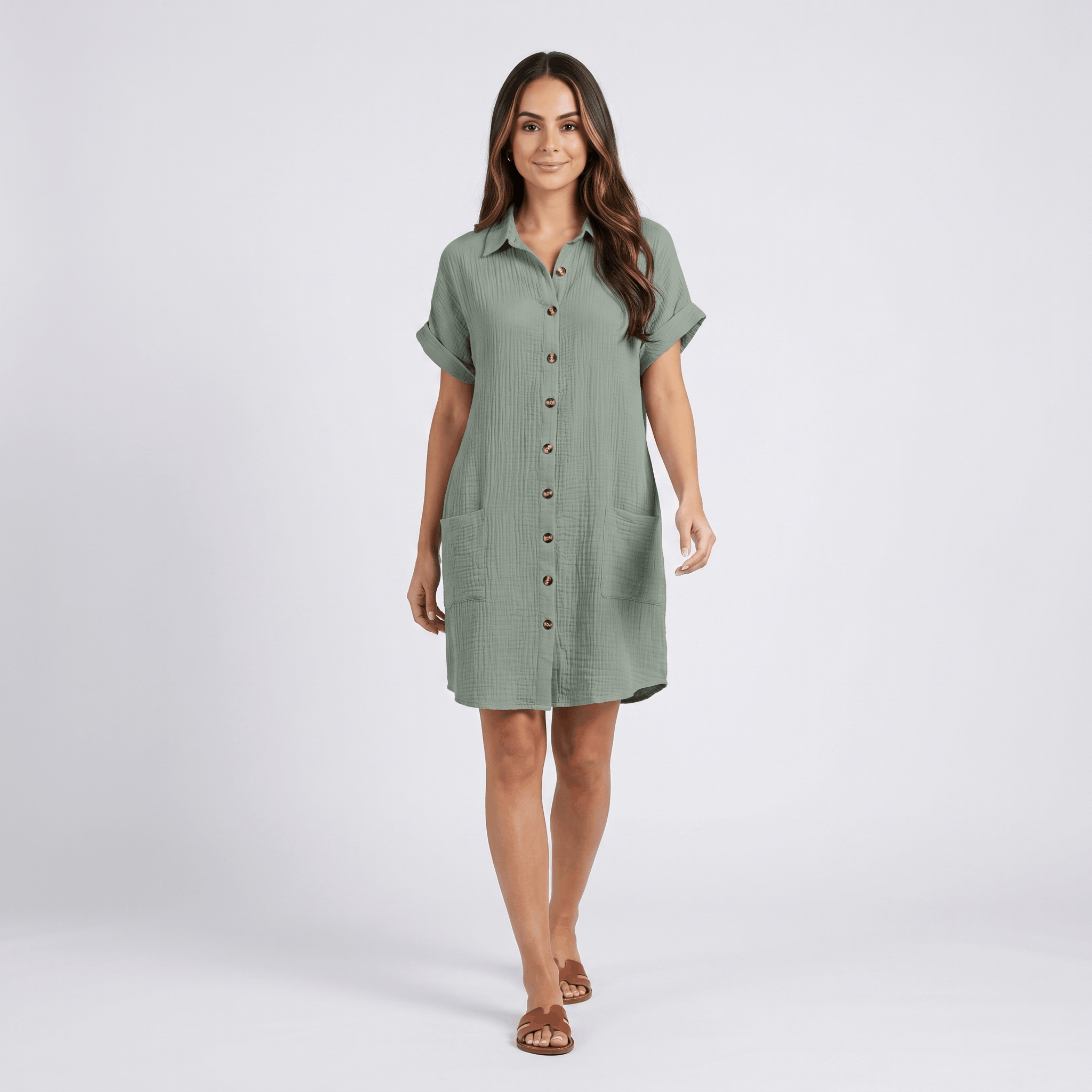 Merlyn Crinkled Cotton Linen Shirt Dress – Button Front Point Collar Short Sleeve Casual Summer Outfit