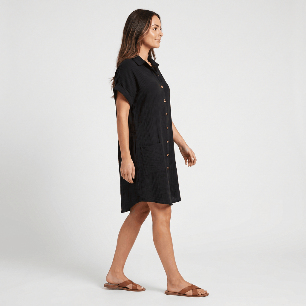 Merlyn Crinkled Cotton Linen Shirt Dress – Button Front Point Collar Short Sleeve Casual Summer Outfit