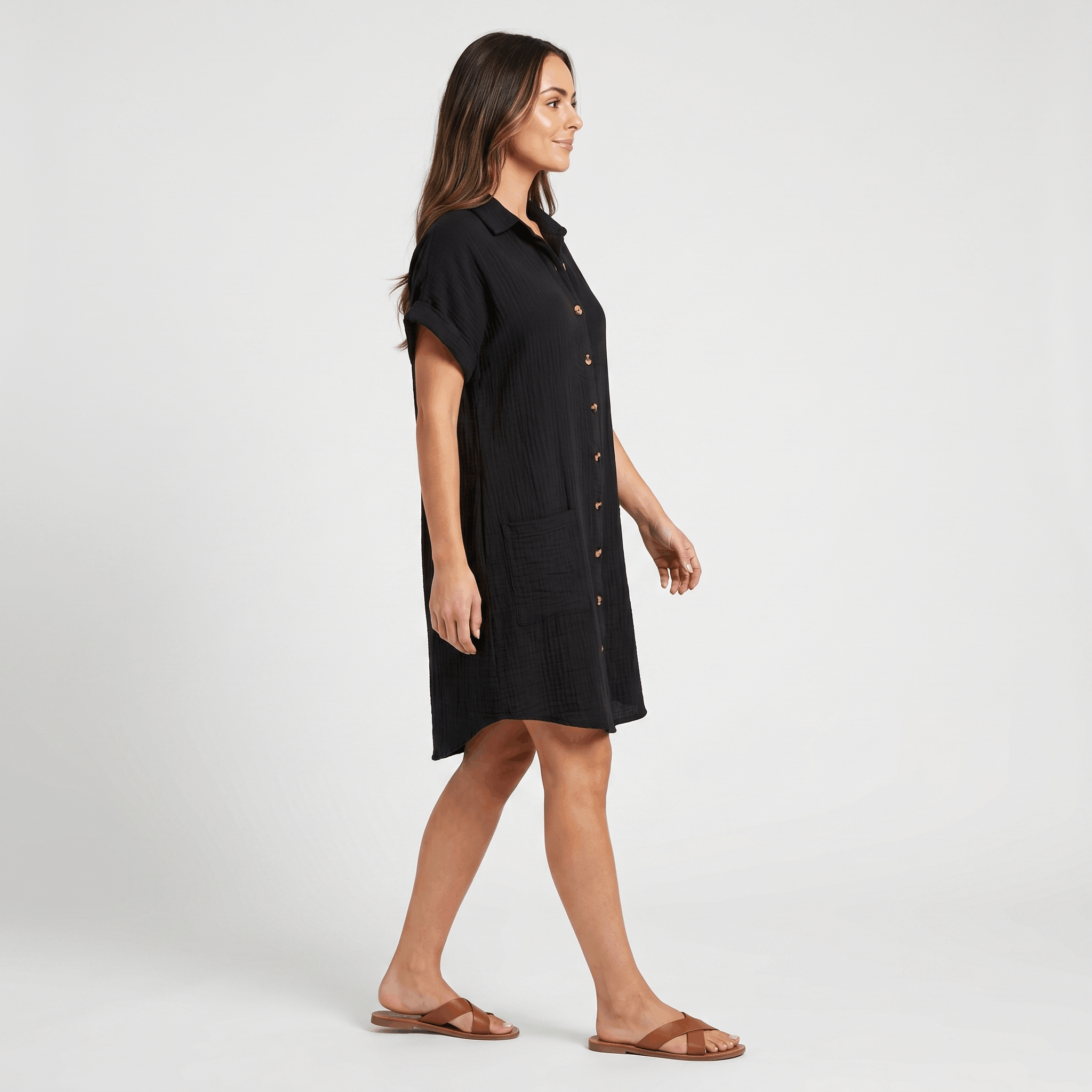 Merlyn Crinkled Cotton Linen Shirt Dress – Button Front Point Collar Short Sleeve Casual Summer Outfit