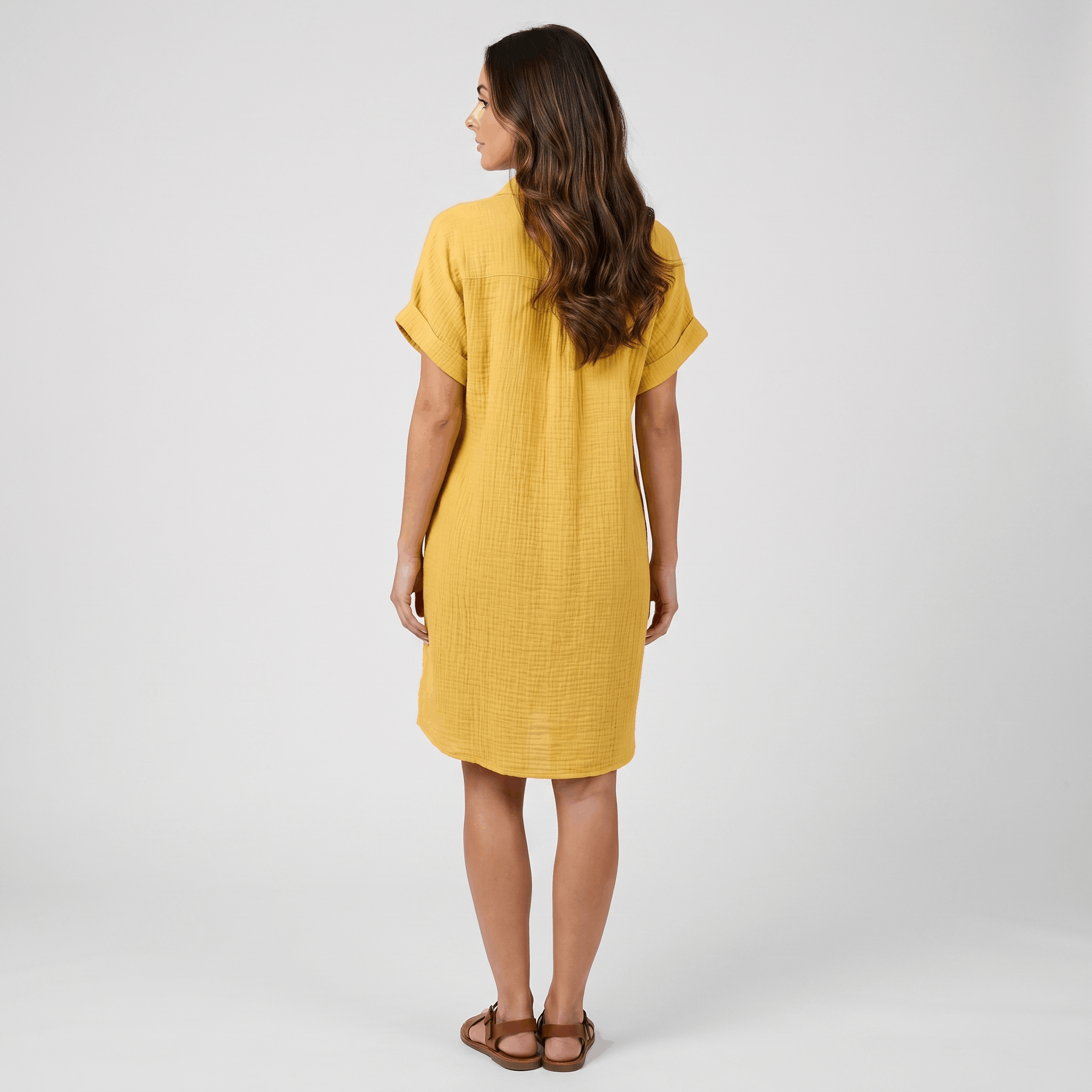 Merlyn Crinkled Cotton Linen Shirt Dress – Button Front Point Collar Short Sleeve Casual Summer Outfit