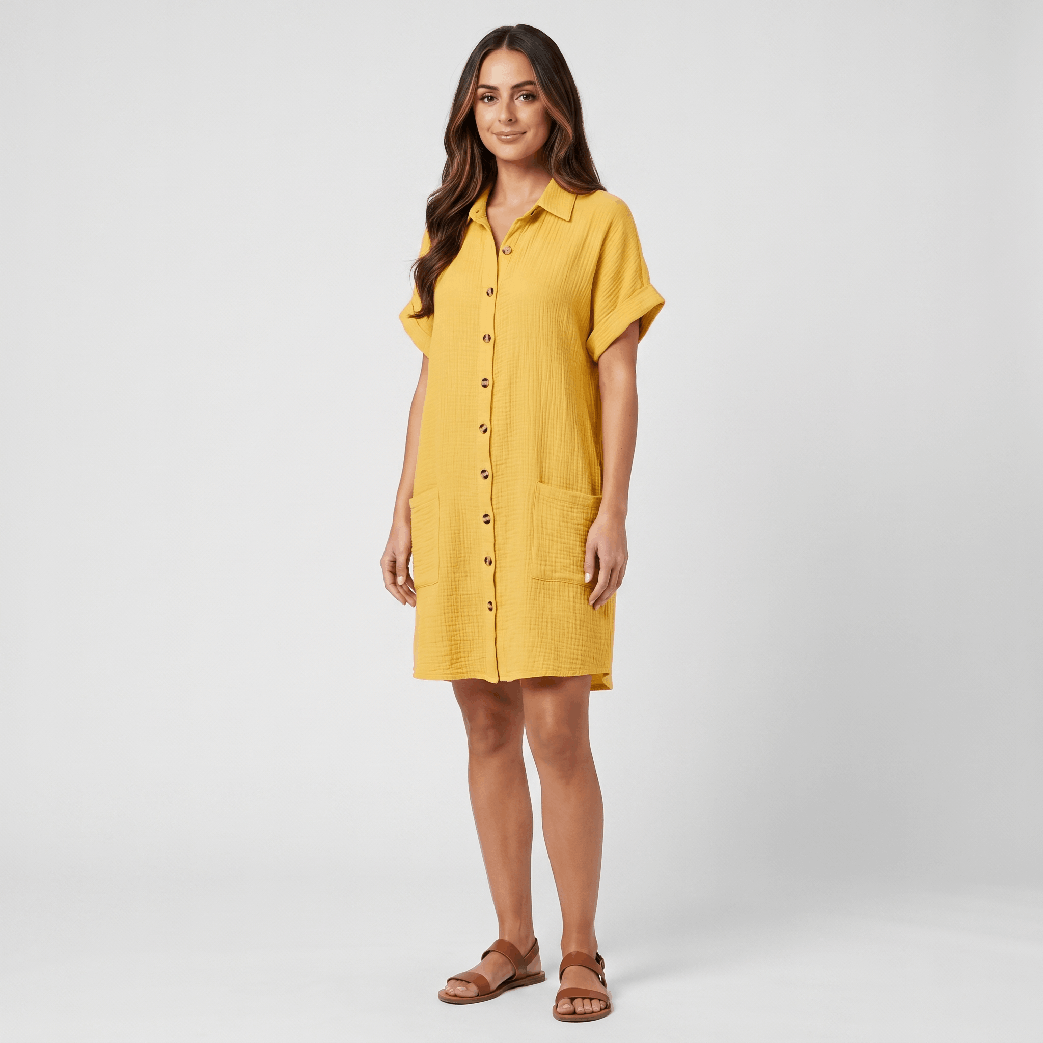 Merlyn Crinkled Cotton Linen Shirt Dress – Button Front Point Collar Short Sleeve Casual Summer Outfit