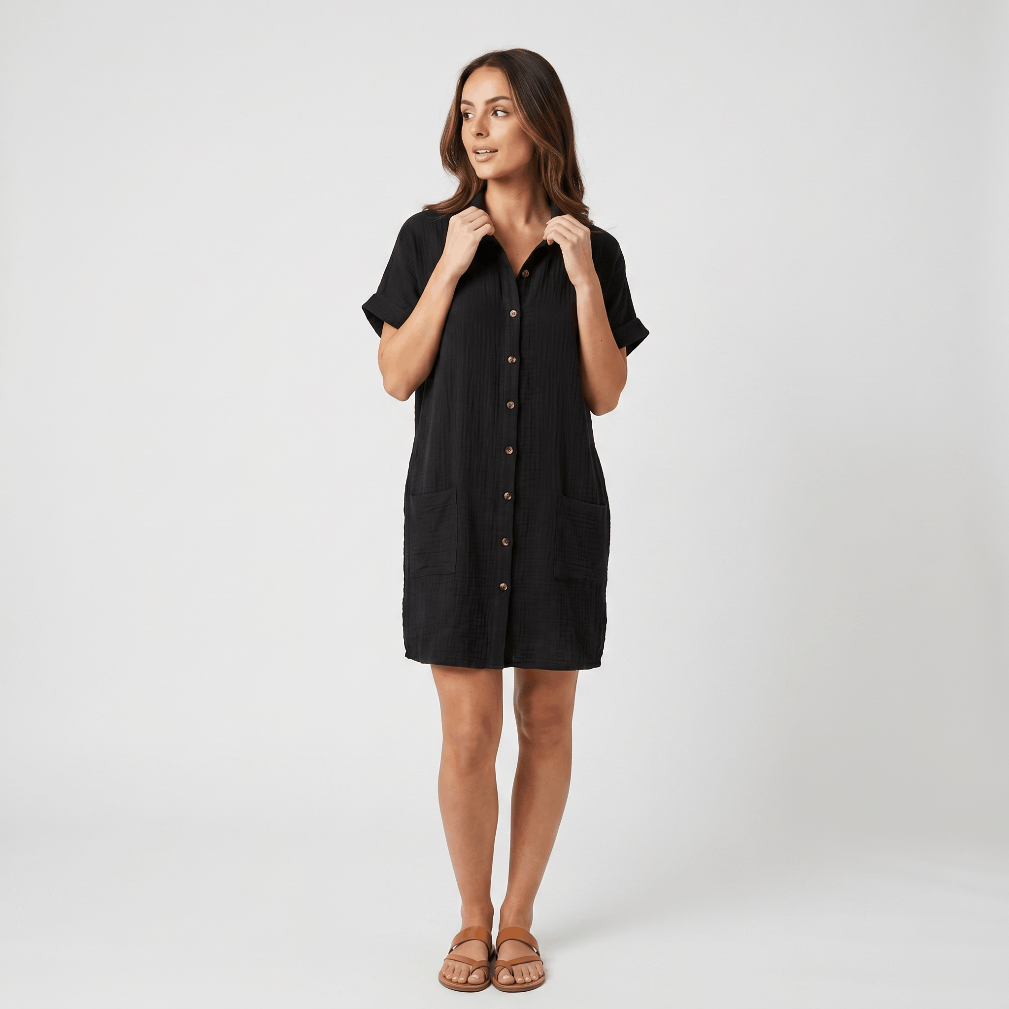 Merlyn Crinkled Cotton Linen Shirt Dress – Button Front Point Collar Short Sleeve Casual Summer Outfit