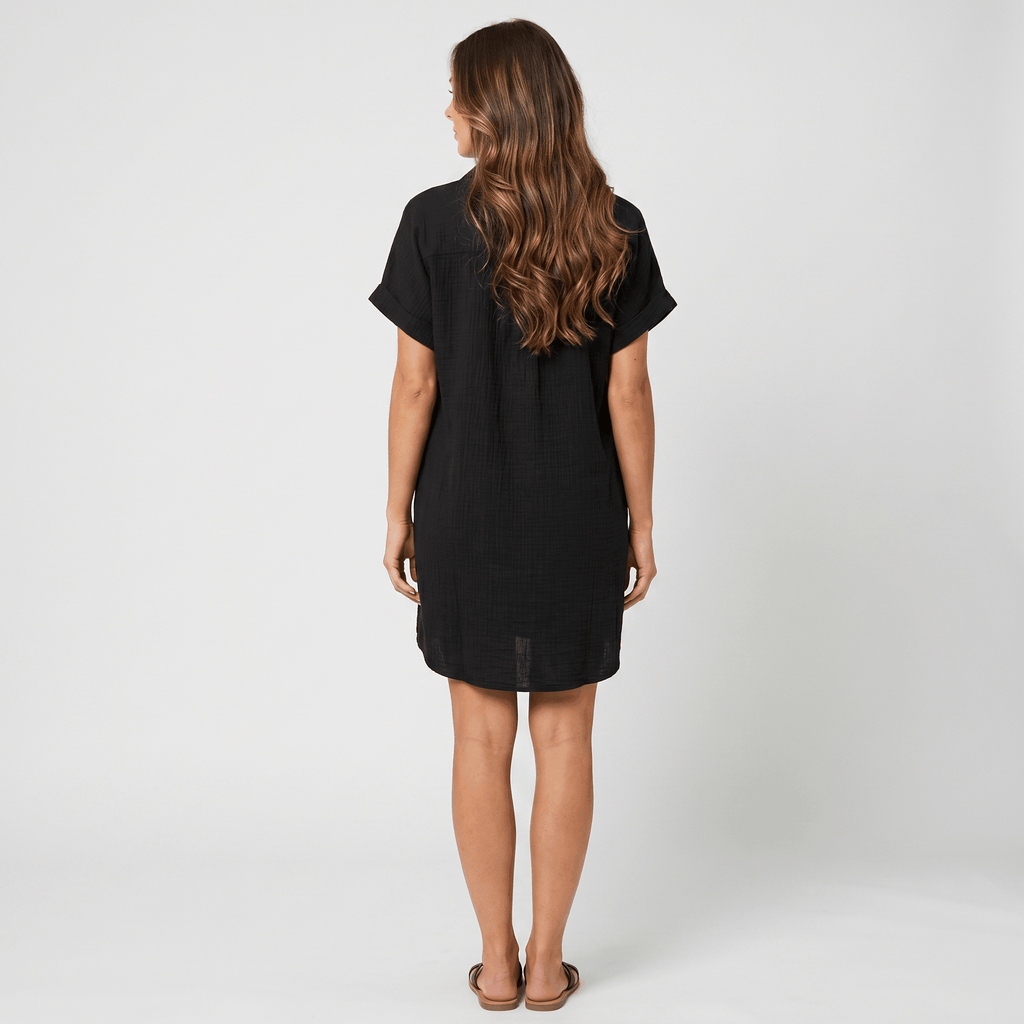 Merlyn Crinkled Cotton Linen Shirt Dress – Button Front Point Collar Short Sleeve Casual Summer Outfit