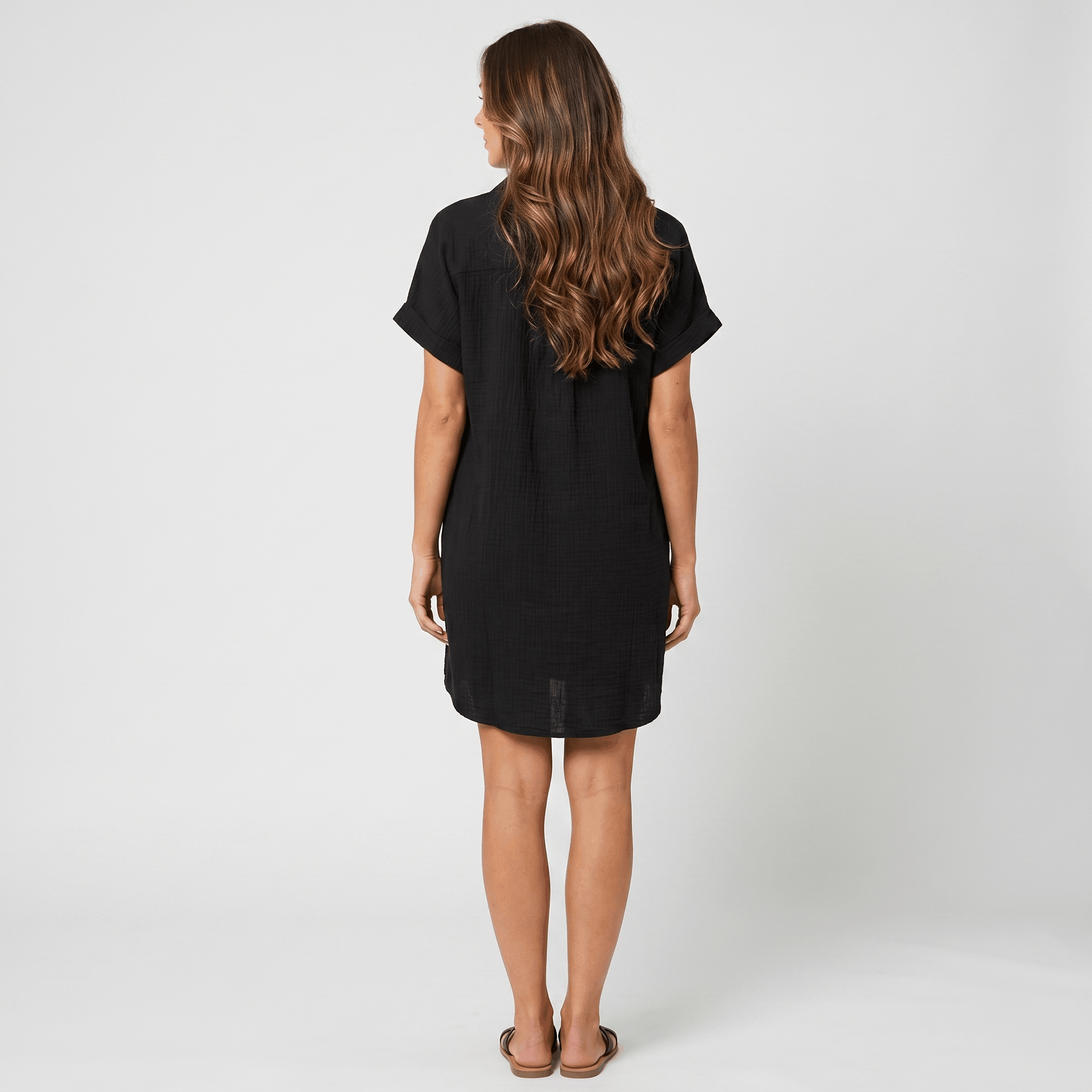 Merlyn Crinkled Cotton Linen Shirt Dress – Button Front Point Collar Short Sleeve Casual Summer Outfit