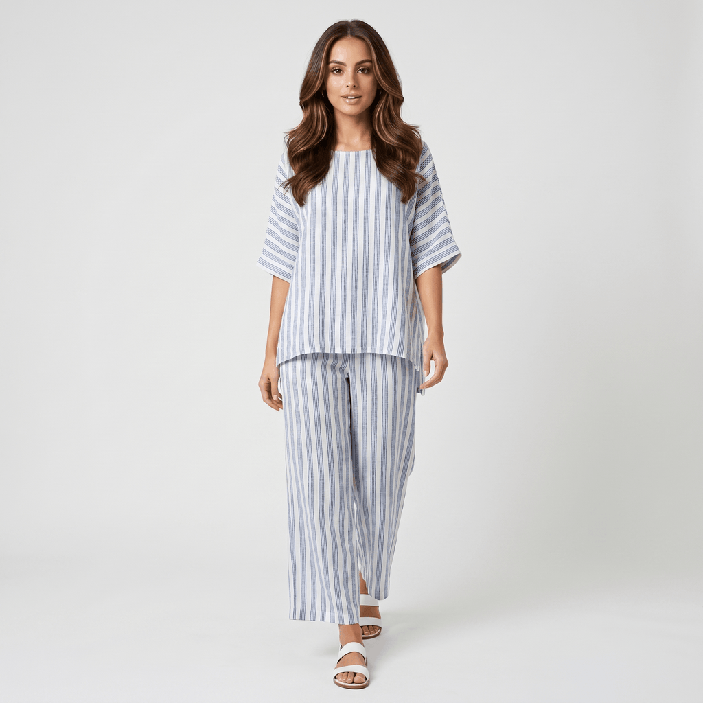 Amelia Striped Linen Two-Piece Set – Round Neck Oversized Top Wide Leg Trouser Casual Outfit
