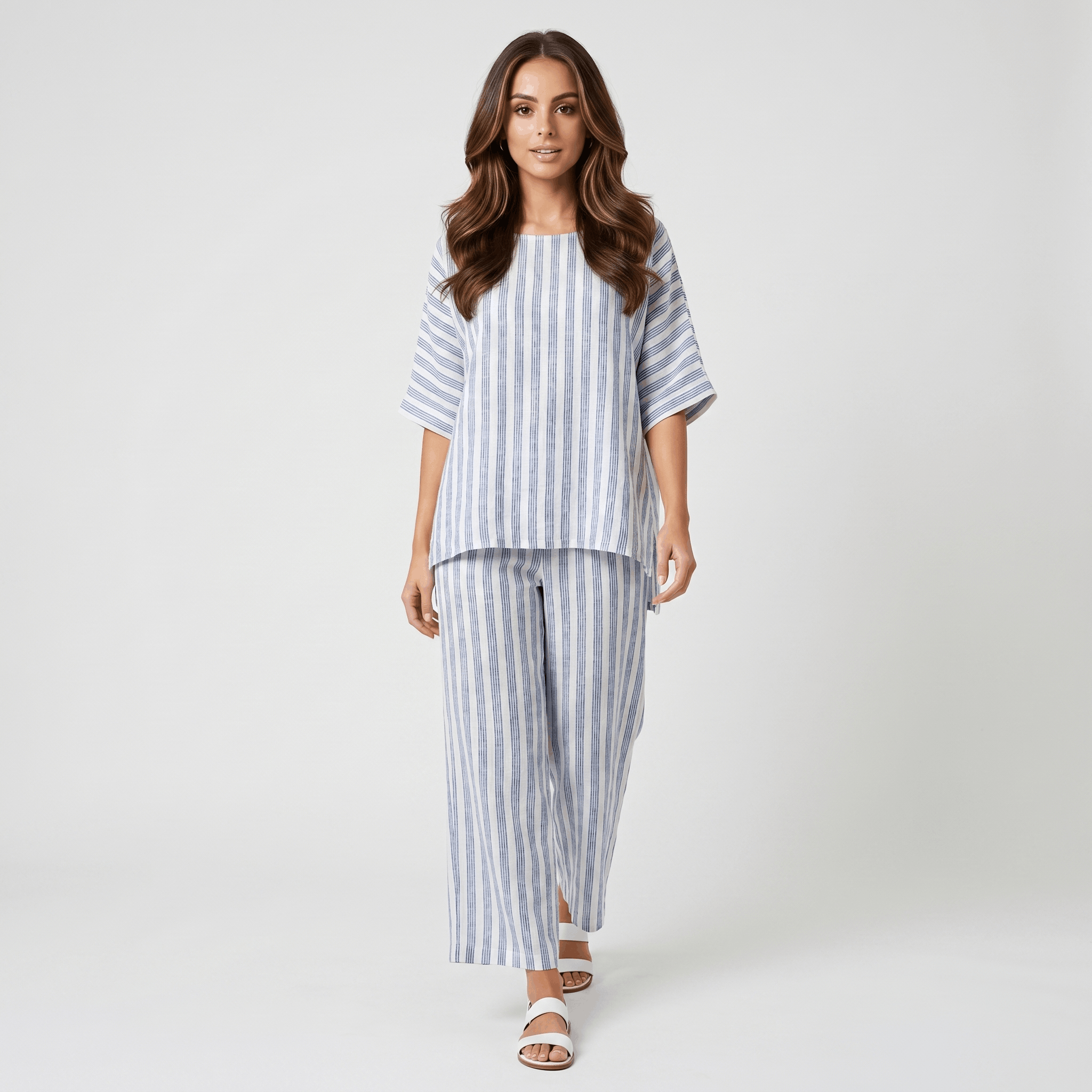 Amelia Striped Linen Two-Piece Set – Round Neck Oversized Top Wide Leg Trouser Casual Outfit