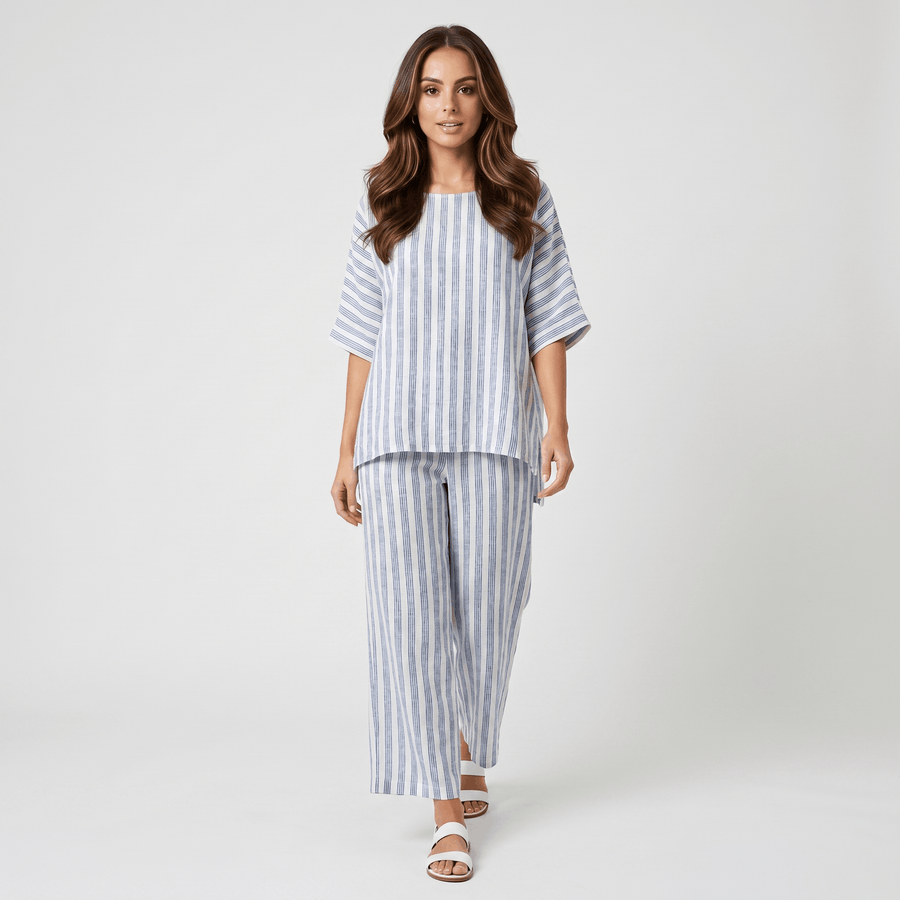 Amelia Striped Linen Two-Piece Set – Round Neck Oversized Top Wide Leg Trouser Casual Outfit