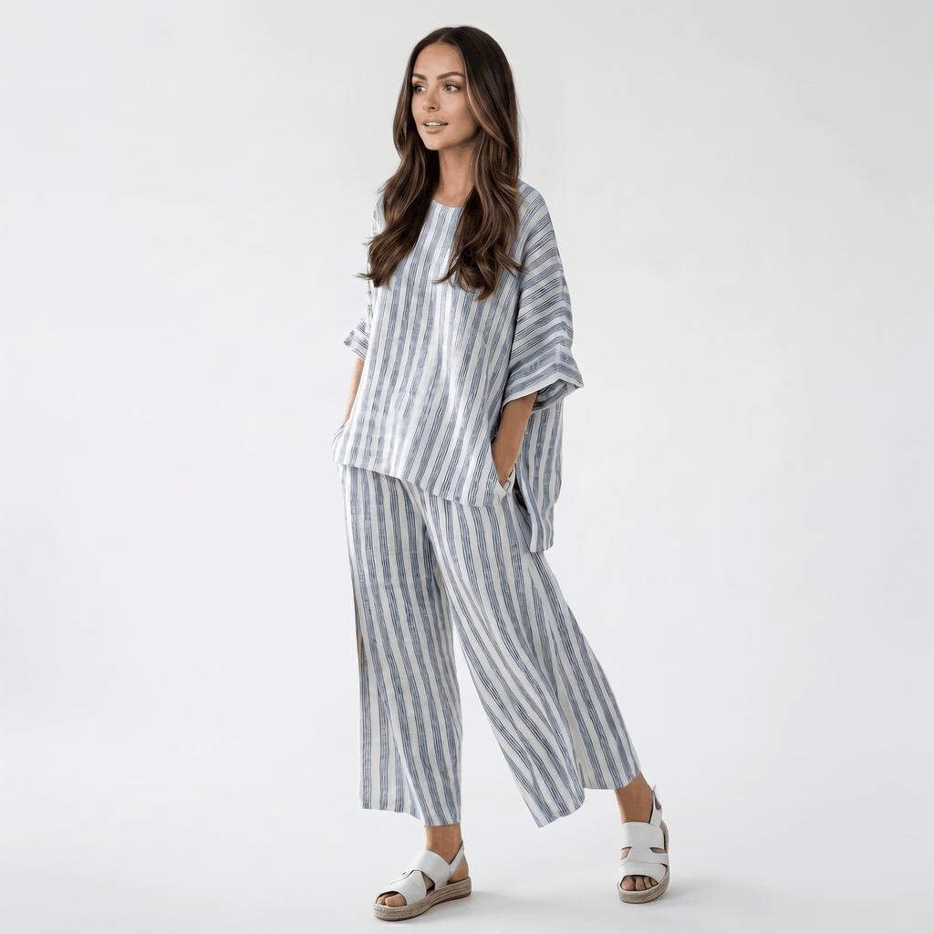 Amelia Striped Linen Two-Piece Set – Round Neck Oversized Top Wide Leg Trouser Casual Outfit