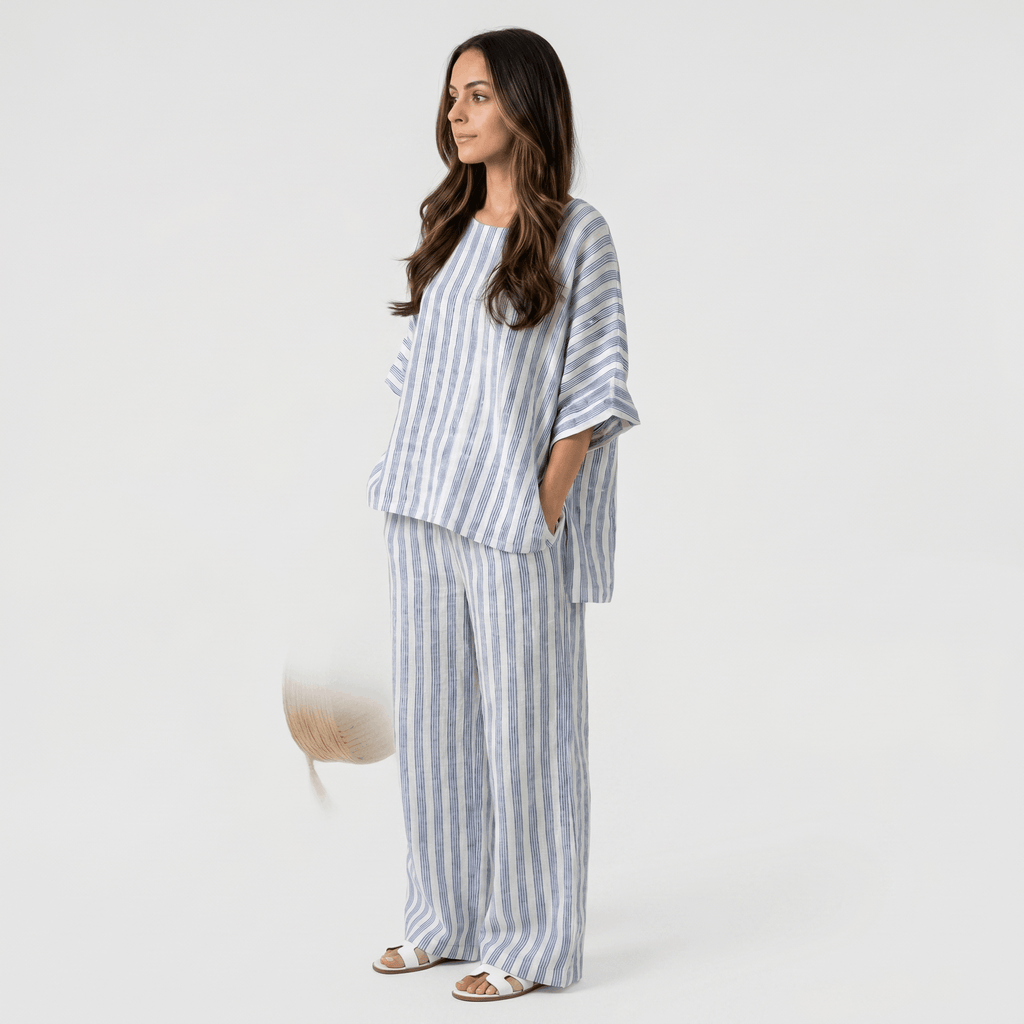 Amelia Striped Linen Two-Piece Set – Round Neck Oversized Top Wide Leg Trouser Casual Outfit