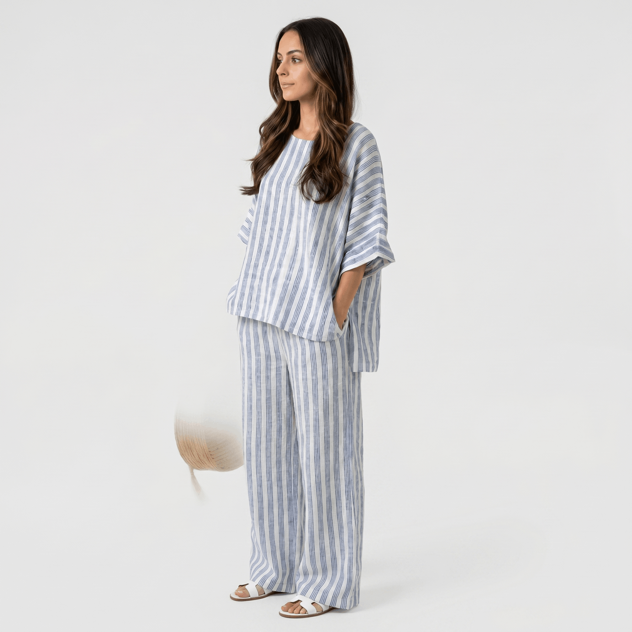 Amelia Striped Linen Two-Piece Set – Round Neck Oversized Top Wide Leg Trouser Casual Outfit