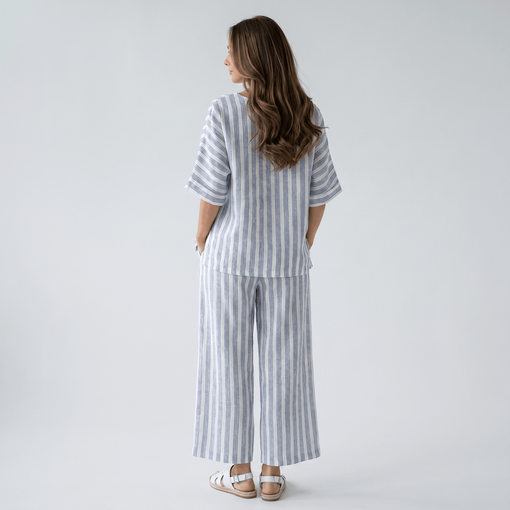 Amelia Striped Linen Two-Piece Set – Round Neck Oversized Top Wide Leg Trouser Casual Outfit
