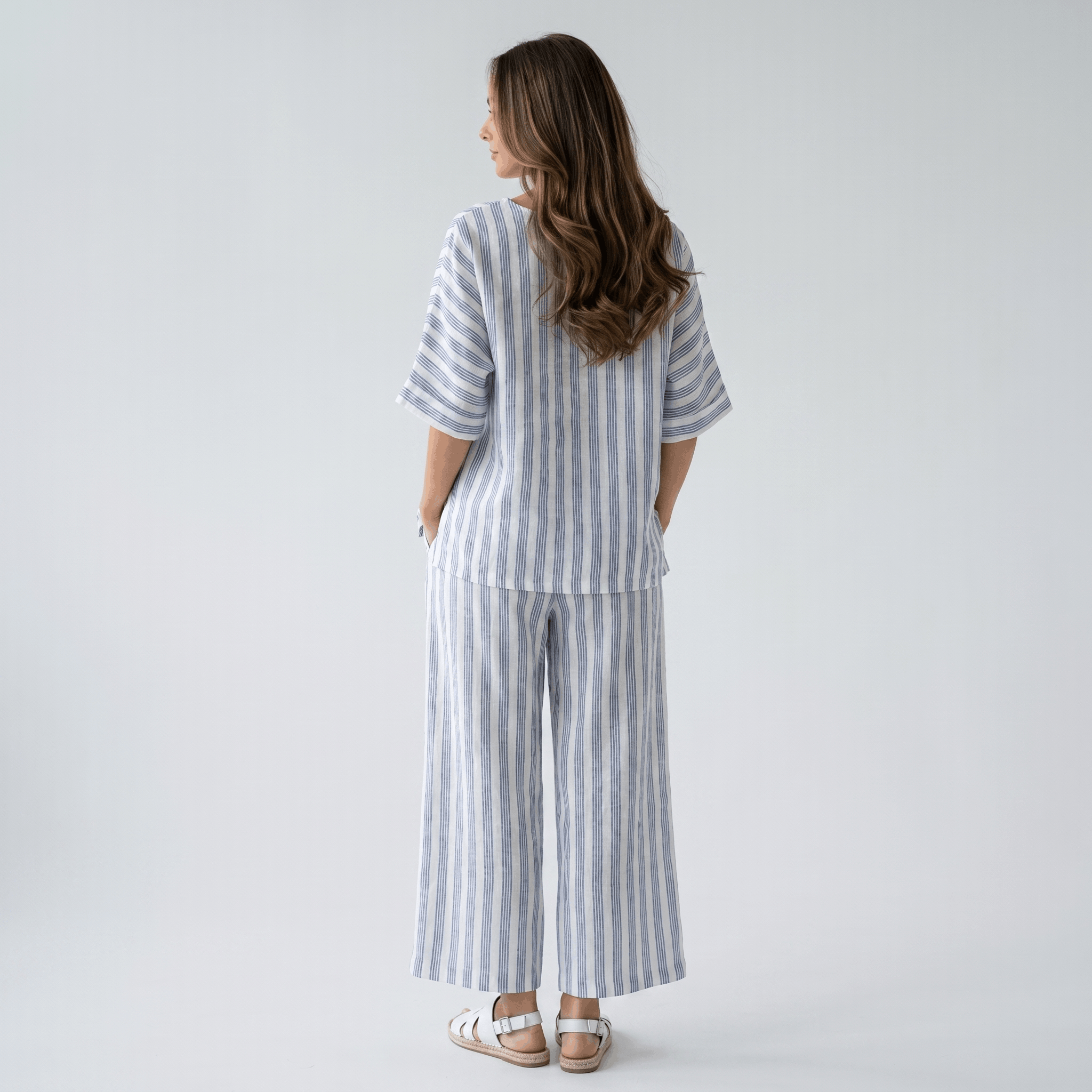 Amelia Striped Linen Two-Piece Set – Round Neck Oversized Top Wide Leg Trouser Casual Outfit