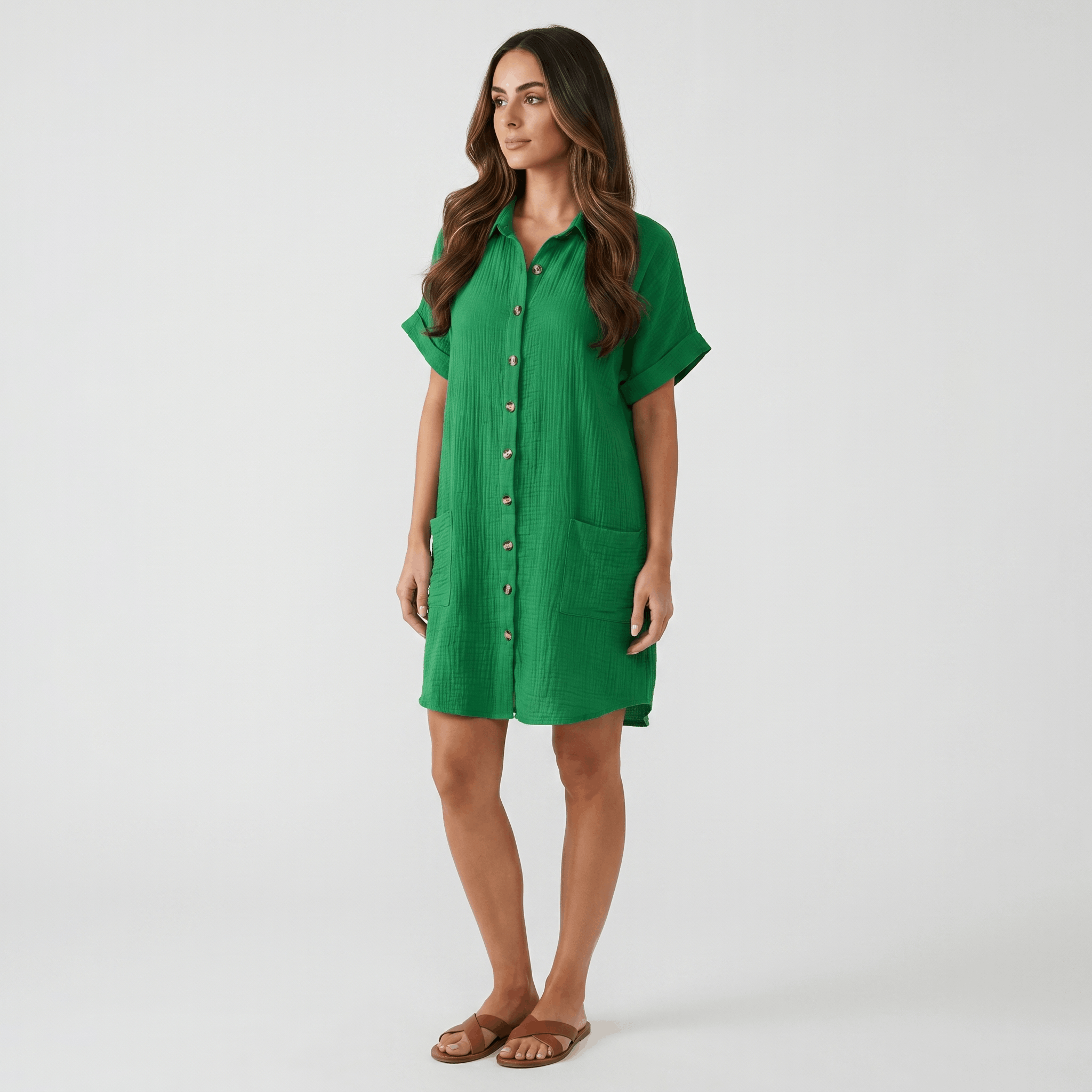 Merlyn Crinkled Cotton Linen Shirt Dress – Button Front Point Collar Short Sleeve Casual Summer Outfit