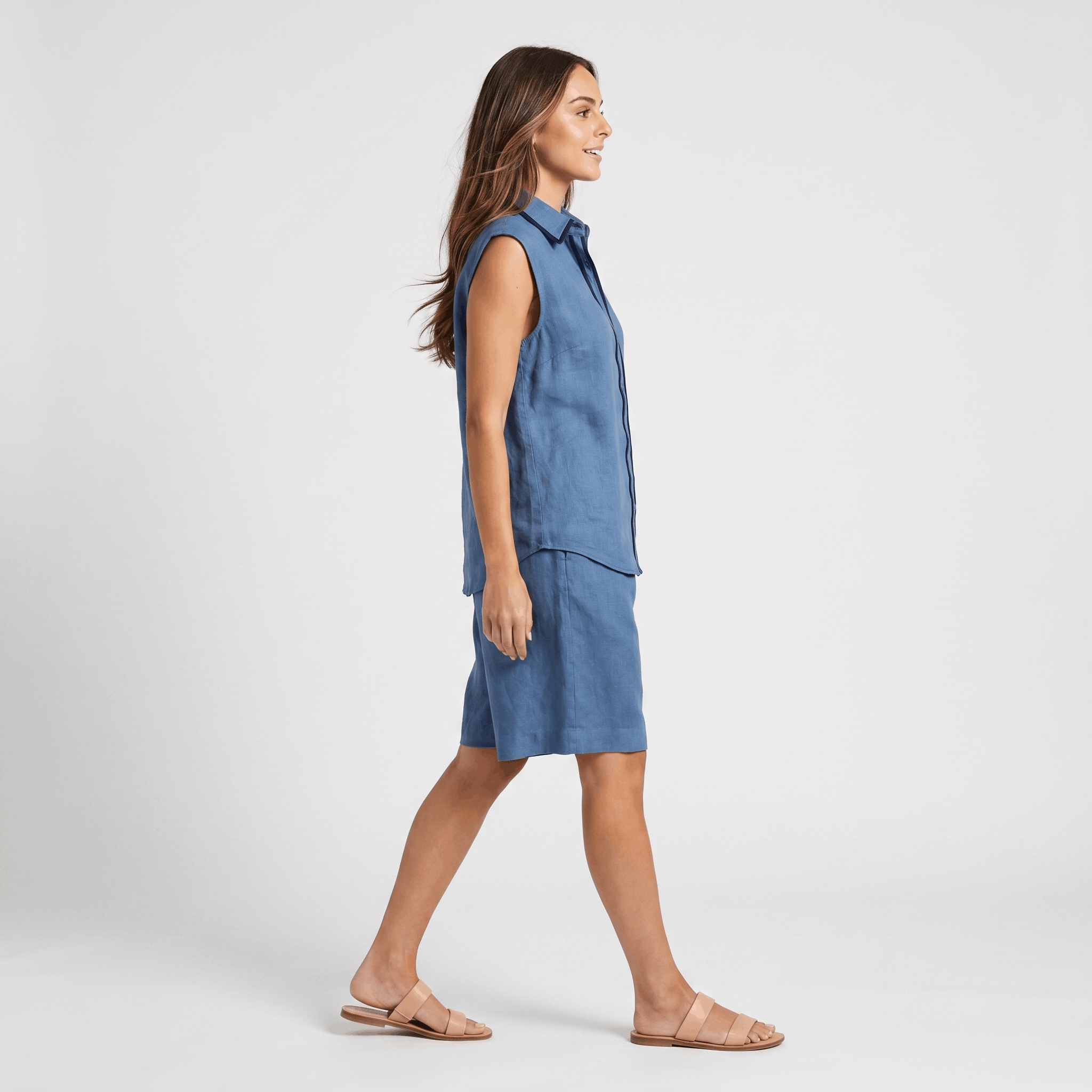 Solene Linen Two-Piece Set – Sleeveless Button Front Shirt Bermuda Shorts Casual Summer Outfit
