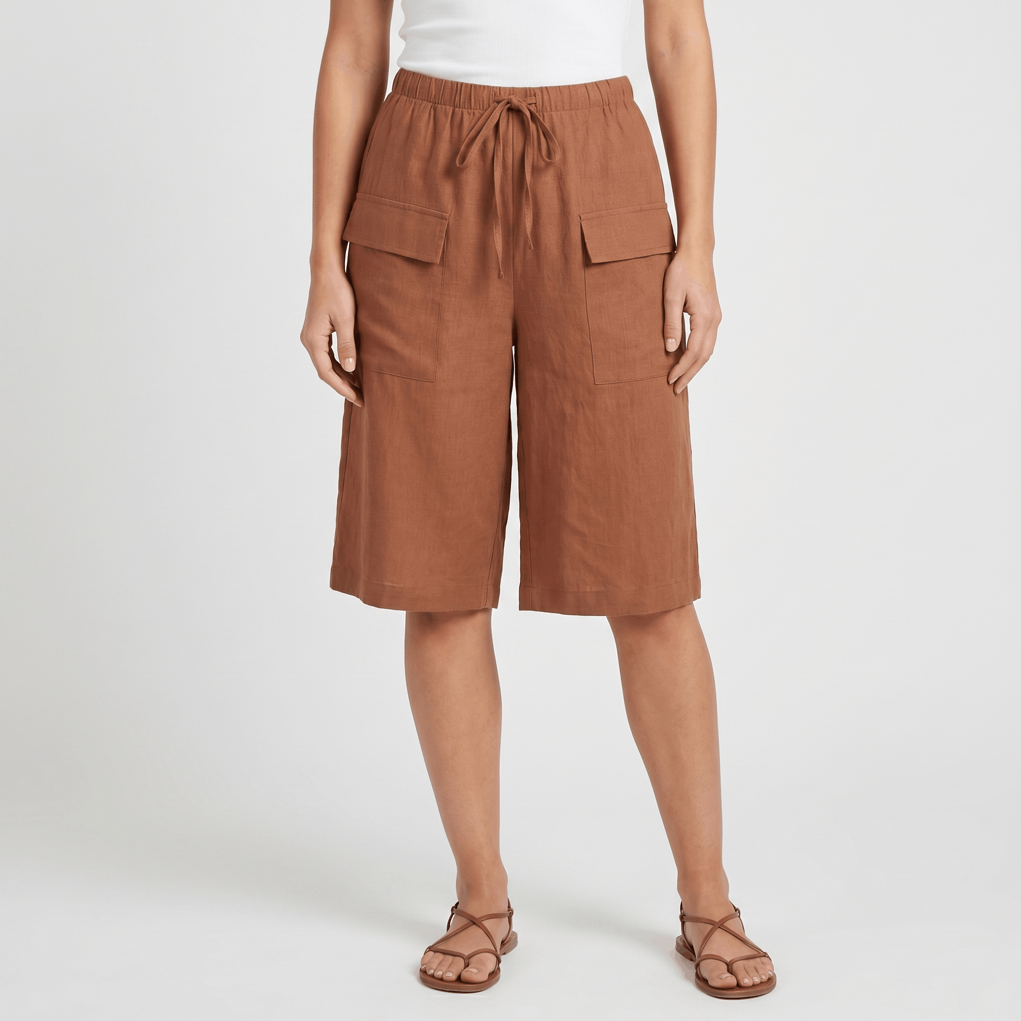 Arlyn Linen Bermuda Shorts – Drawstring Elastic Waist Patch Pocket Relaxed Knee Length Bottoms