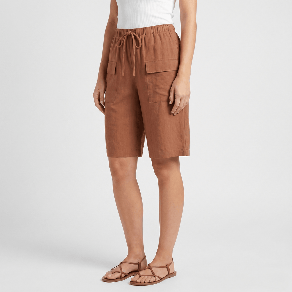 Arlyn Linen Bermuda Shorts – Drawstring Elastic Waist Patch Pocket Relaxed Knee Length Bottoms