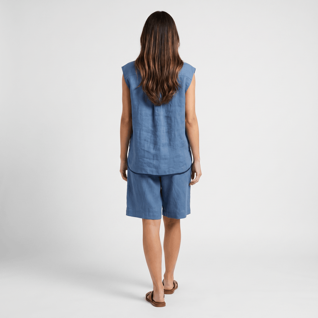 Solene Linen Two-Piece Set – Sleeveless Button Front Shirt Bermuda Shorts Casual Summer Outfit
