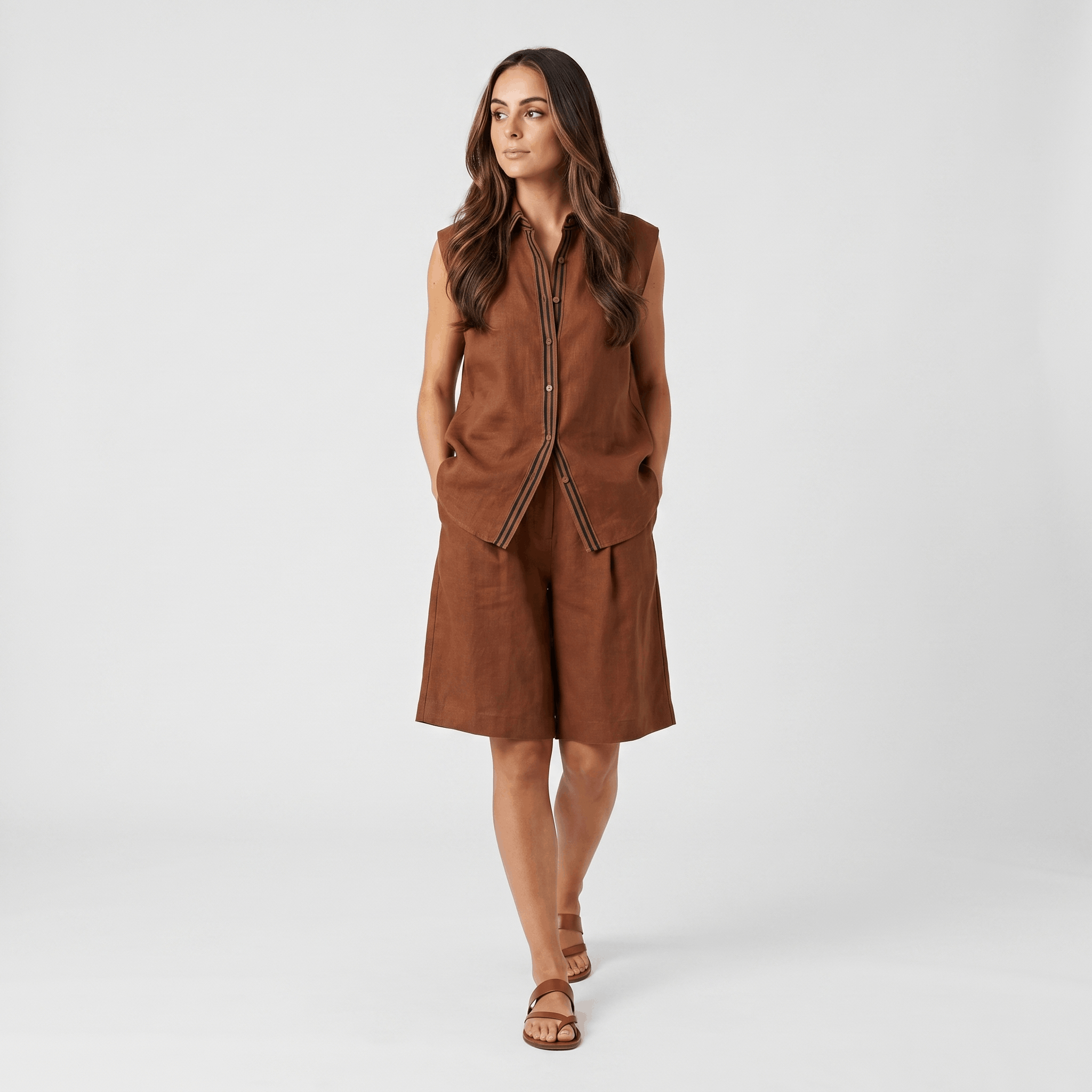 Solene Linen Two-Piece Set – Sleeveless Button Front Shirt Bermuda Shorts Casual Summer Outfit