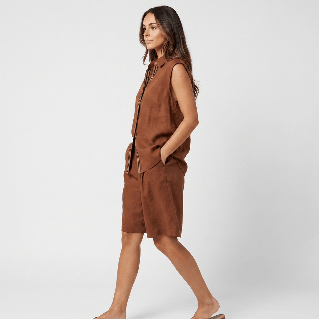 Solene Linen Two-Piece Set – Sleeveless Button Front Shirt Bermuda Shorts Casual Summer Outfit
