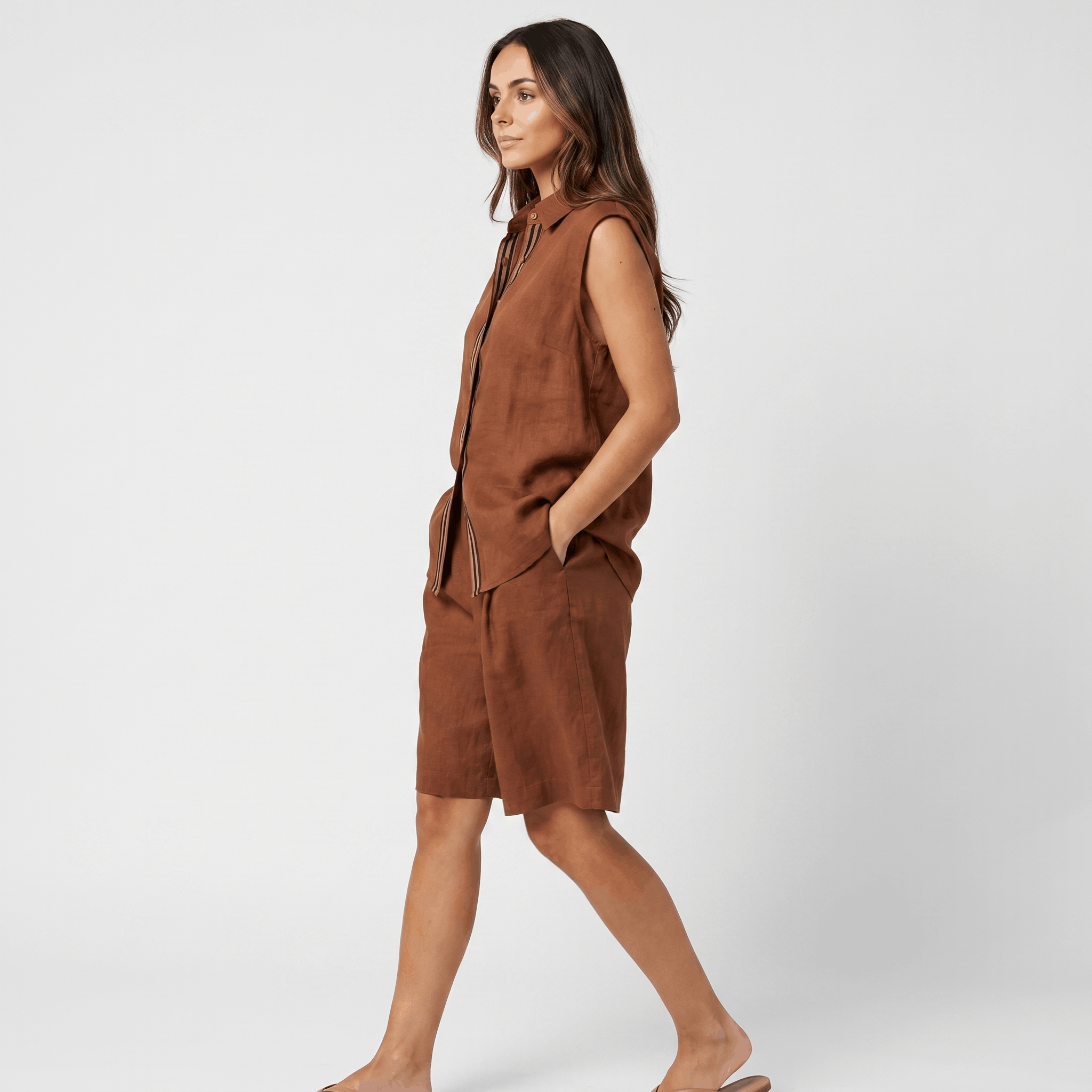 Solene Linen Two-Piece Set – Sleeveless Button Front Shirt Bermuda Shorts Casual Summer Outfit