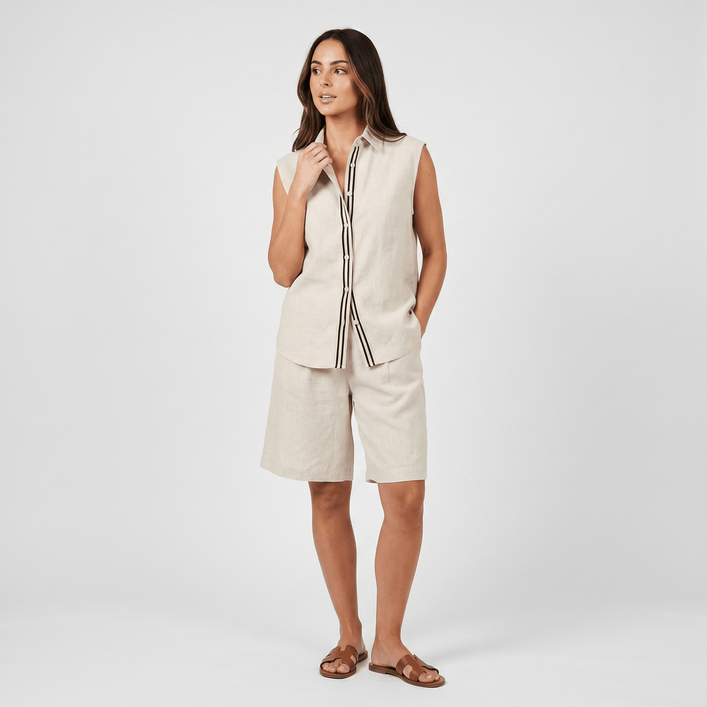 Solene Linen Two-Piece Set – Sleeveless Button Front Shirt Bermuda Shorts Casual Summer Outfit
