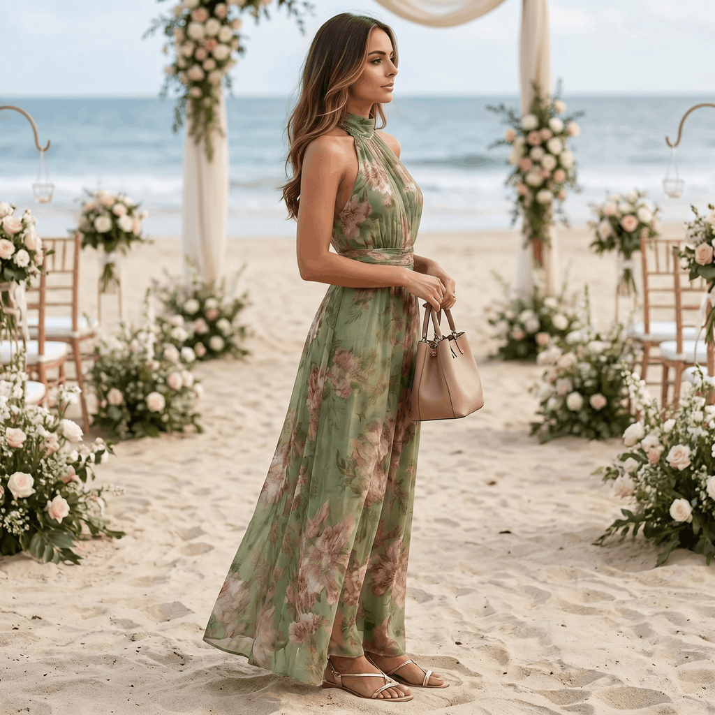 Valeria Floral Print Maxi Dress – Halter Neckline Ruched Waist Flowing Statement