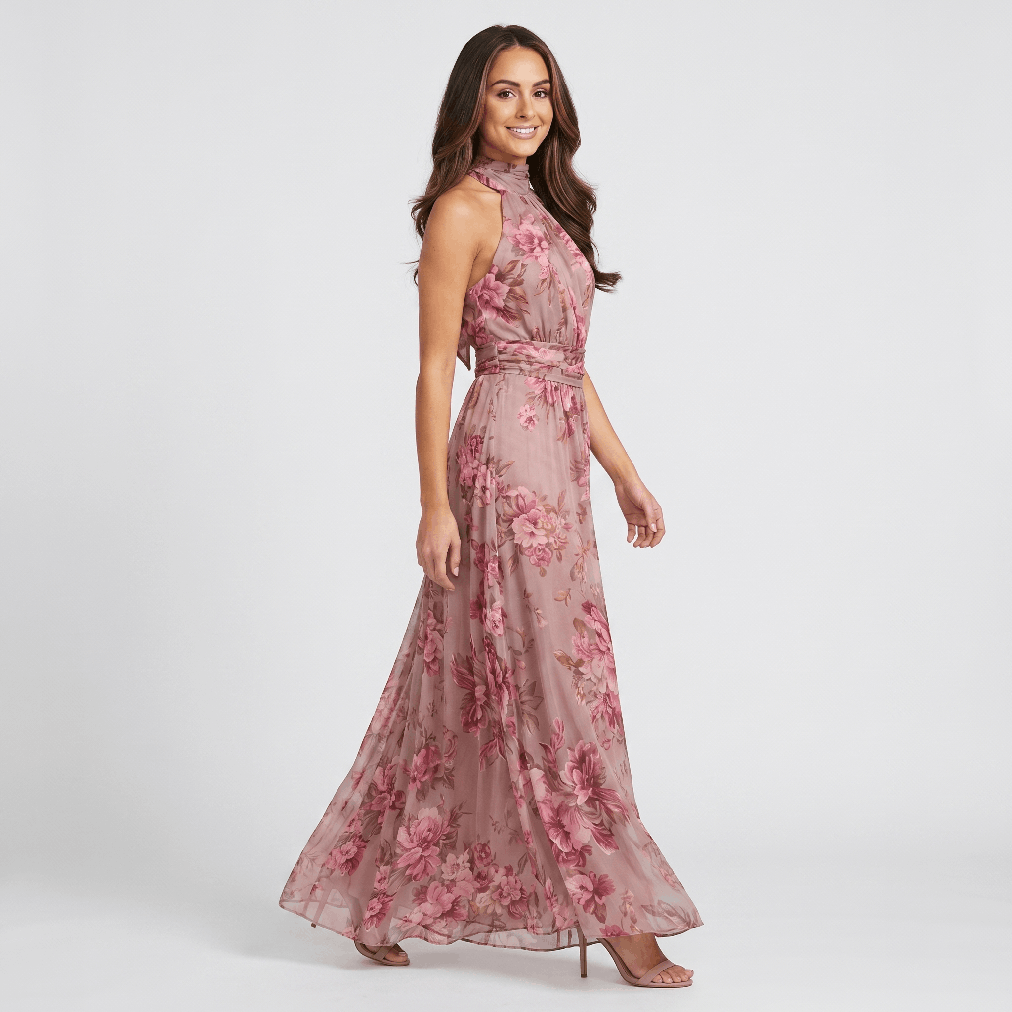 Valeria Floral Print Maxi Dress – Halter Neckline Ruched Waist Flowing Statement