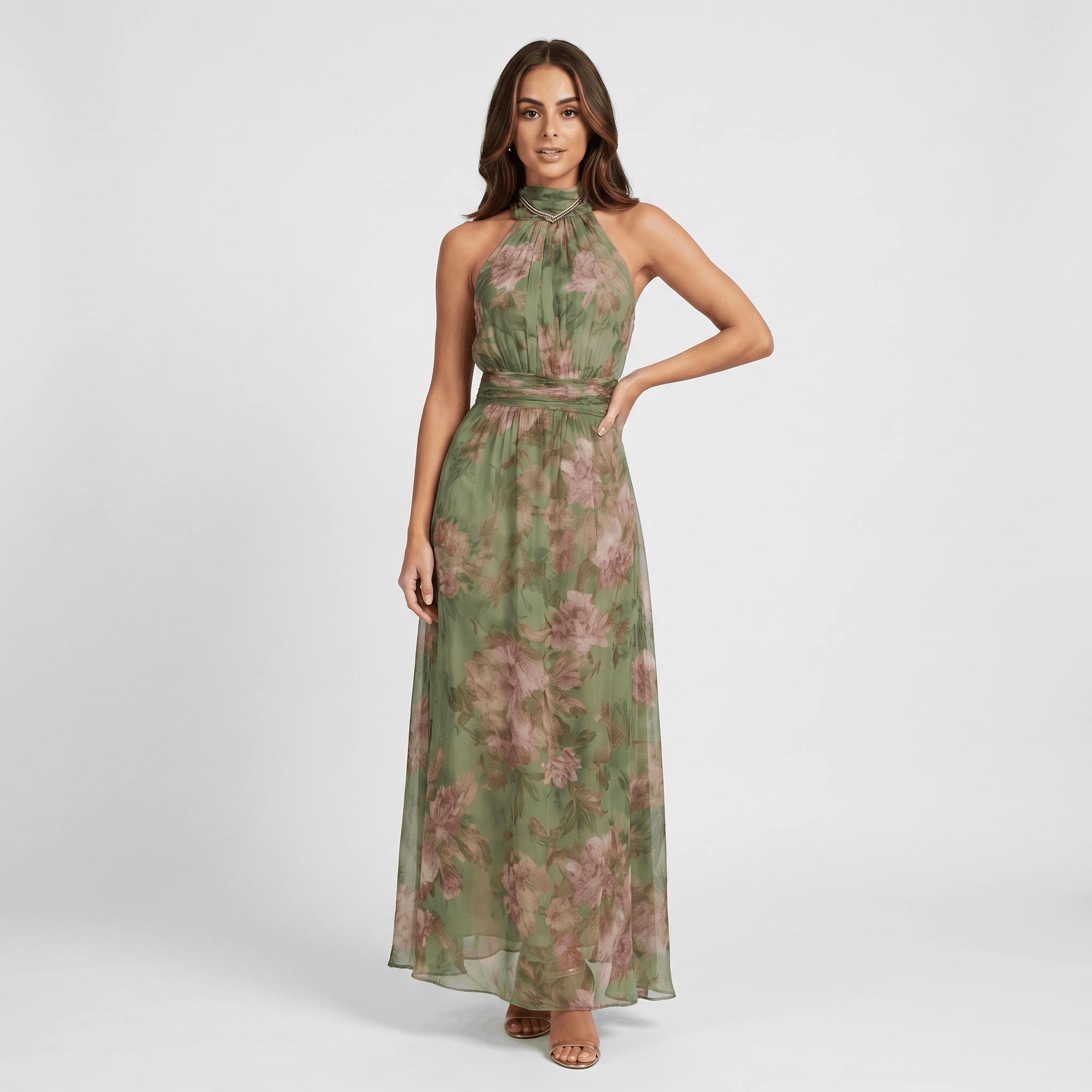 Valeria Floral Print Maxi Dress – Halter Neckline Ruched Waist Flowing Statement